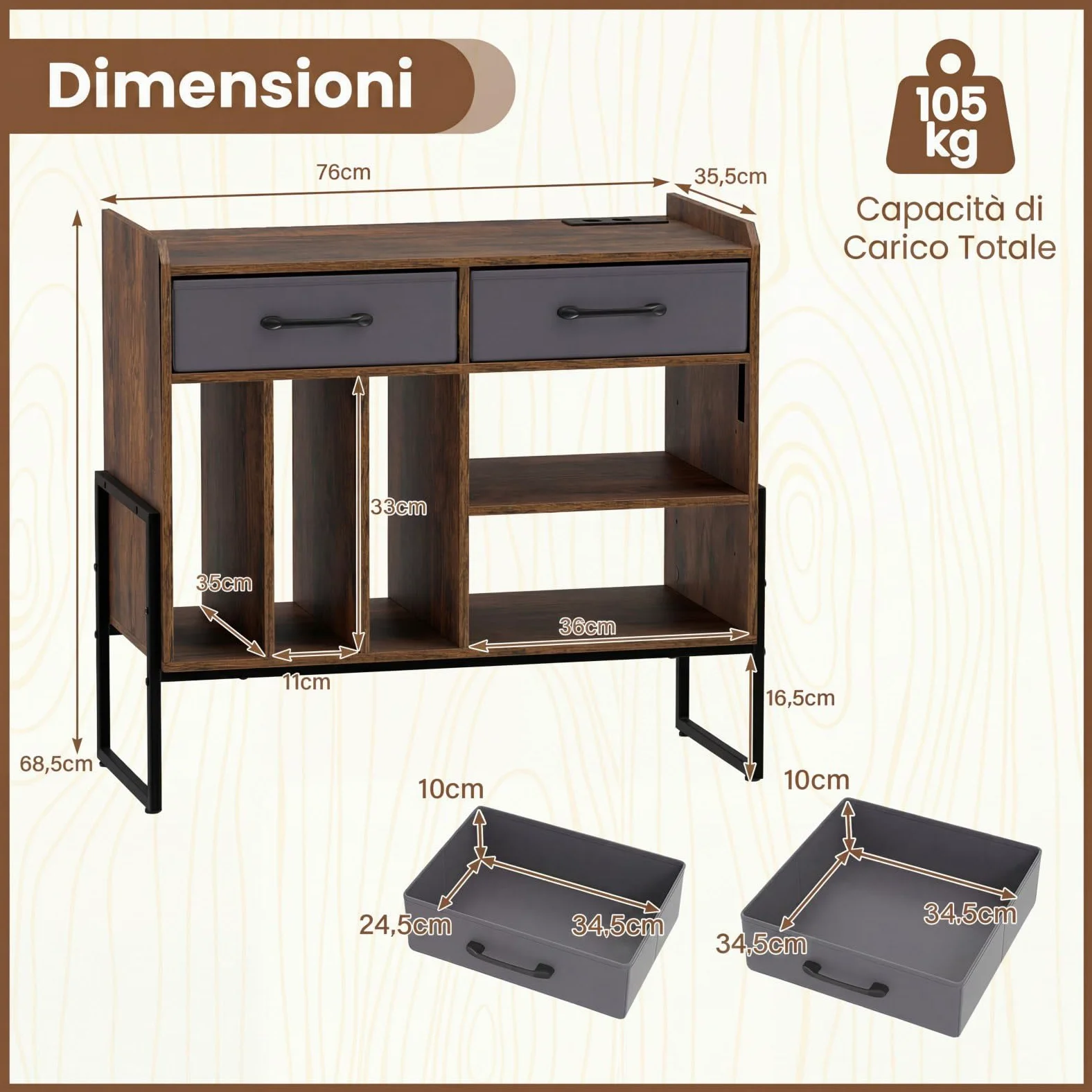 COSTWAY Supporto per Giradischi in Vinile, Mobile per Giradischi con Stazione di Ricarica, 2 Cassetti Rimovibili in Tessuto e Ripiano Regolabile, Supporto Porta Dischi Vinile per Soggiorno, Studio