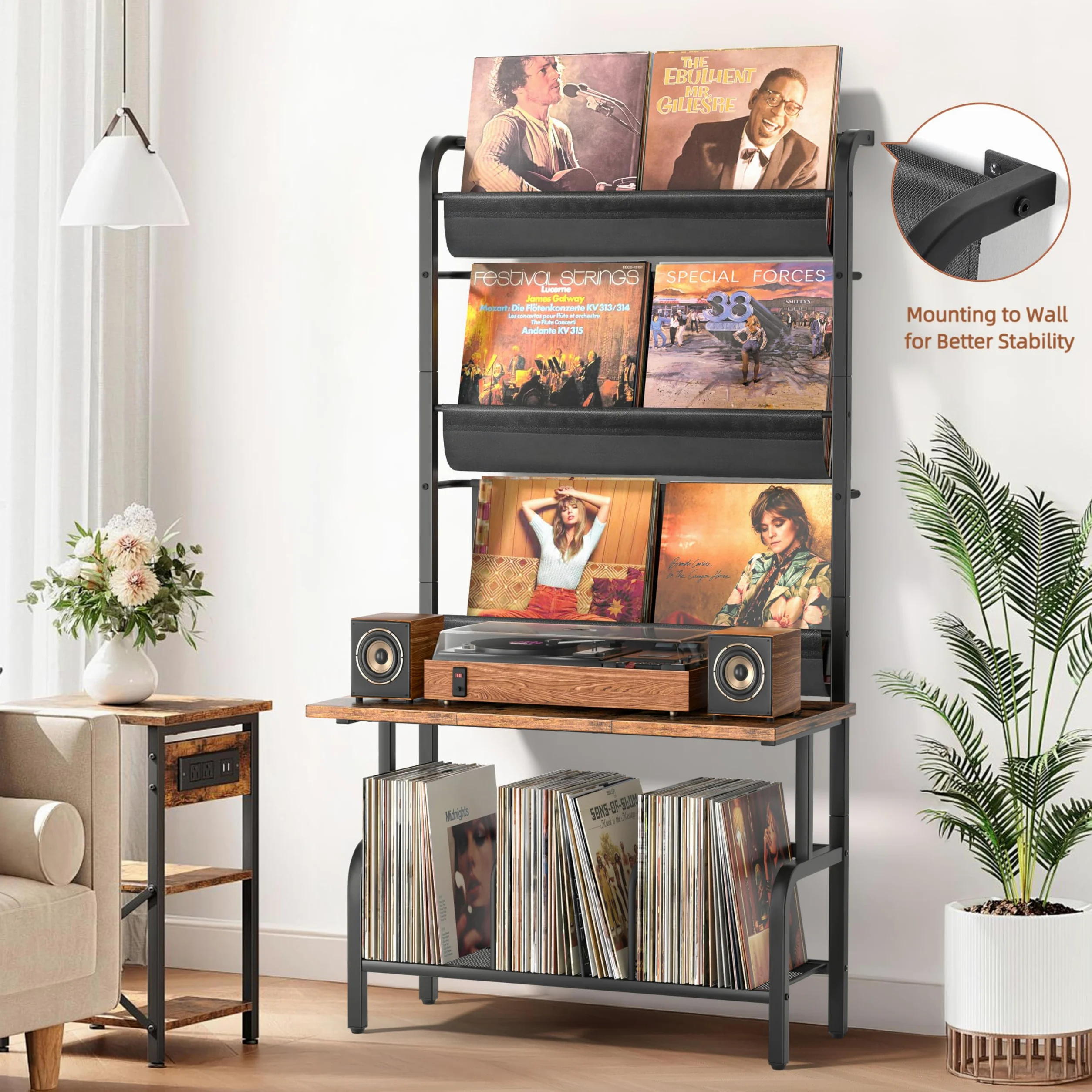 Bikoney Mobile per Giradischi con Porta Vinili a 3 Livelli, Supporto ad Alta Capacità per 300 Album e Dischi LP, Tavolino con Fissaggio a Parete per Massima Stabilità, Grande