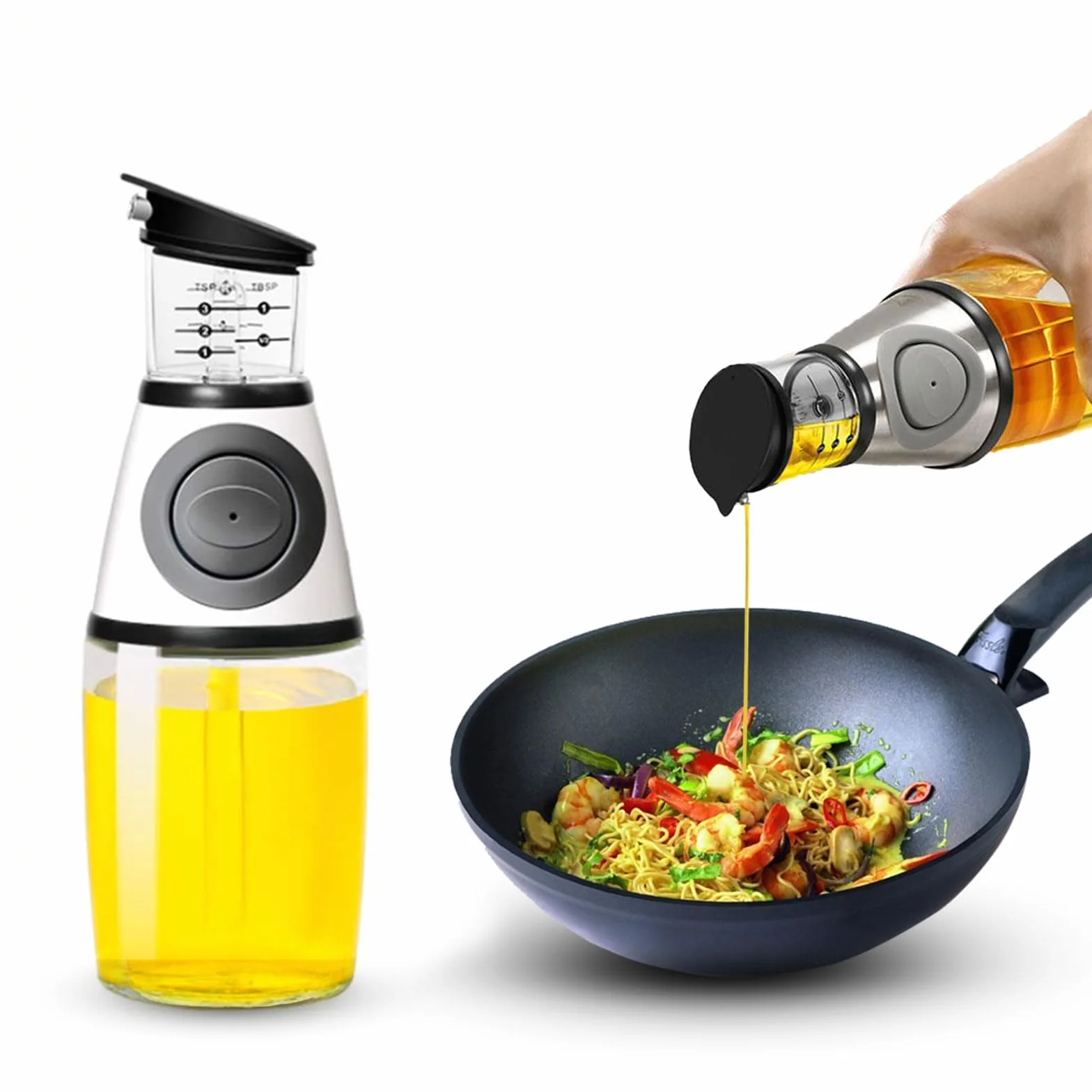 Bottiglie Erogazione Versatore Cucina Ampolla con Beccucci Antigoccia Bottiglia per AcetoMisura Cottura Trasparente Verdure Bilancia Senza Beccuccio (Argento, 250 ml/8,8 oz)