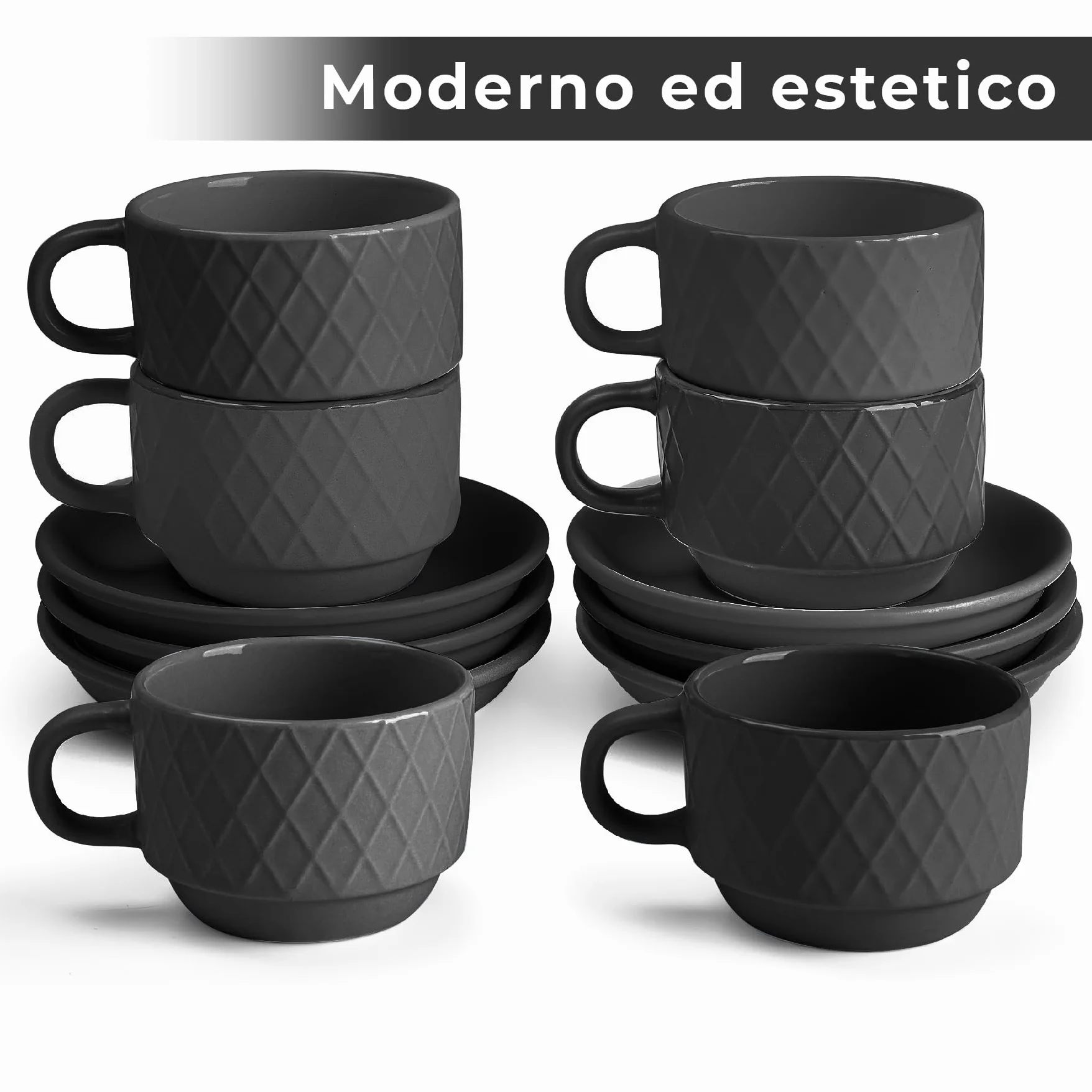 Set di 6 tazze da caffè espresso in ceramica 75 ml con motivo a diamante Palmanova Nero