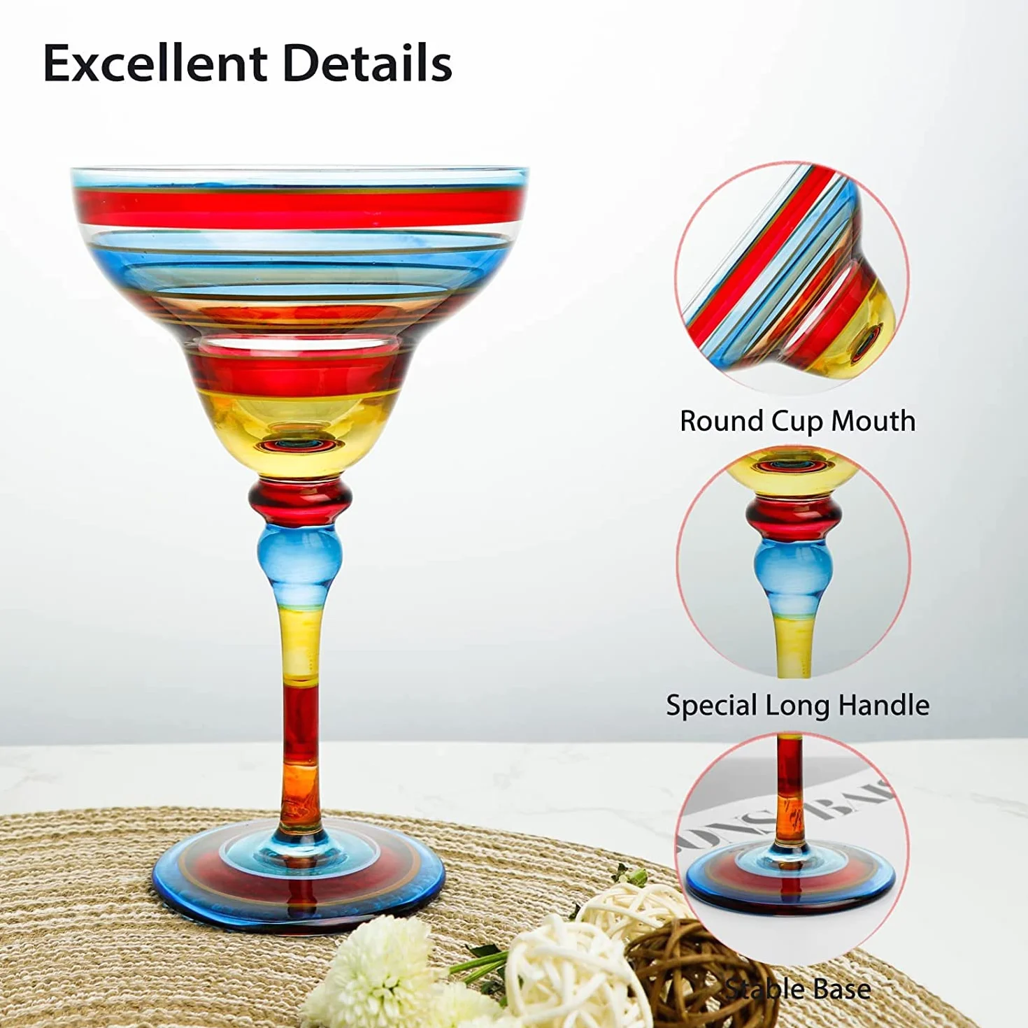 Bicchiere Da Margarita Dipinto, Collezione Messicana Bicchieri Da Margarita Senza Stelo Set Di Bicchieri Da Margarita Unici/Decorativi Soffiati A Mano,6pcs