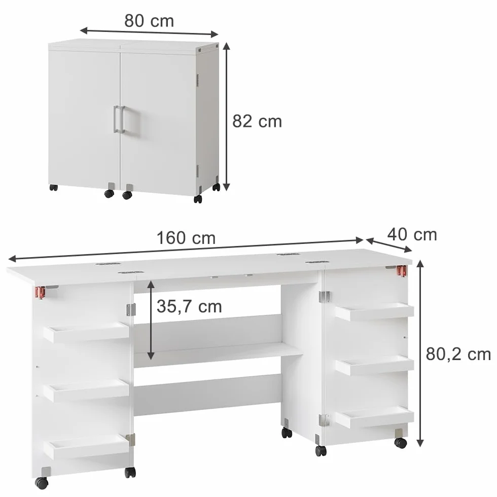 Vicco Tavolo da cucito Carmen Bianco 160x80.2 cm pieghevole con ruote