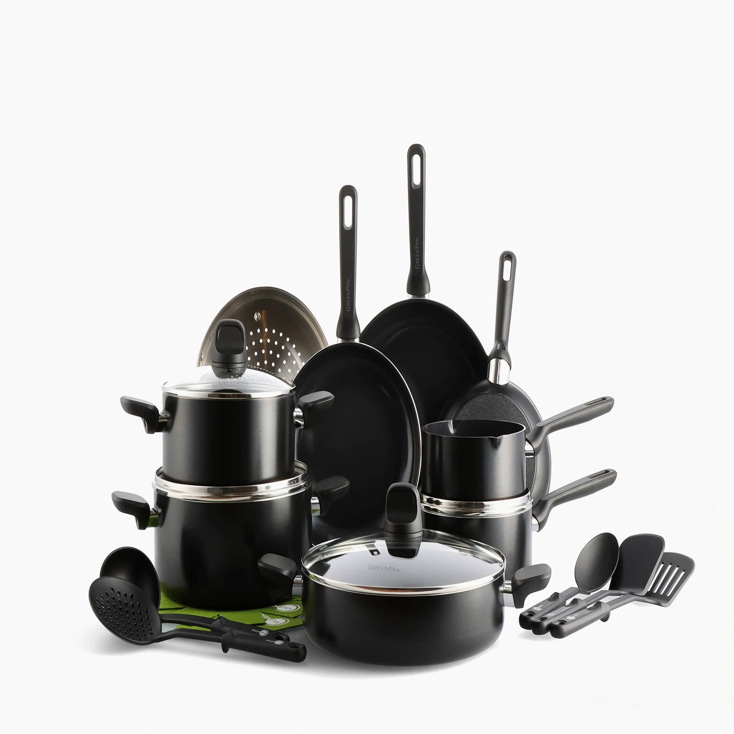 GreenPan Memphis Memphis - Set di pentole e padelle antiaderenti in ceramica, 20 pezzi, senza PFAS, a induzione, adatto al forno, nero