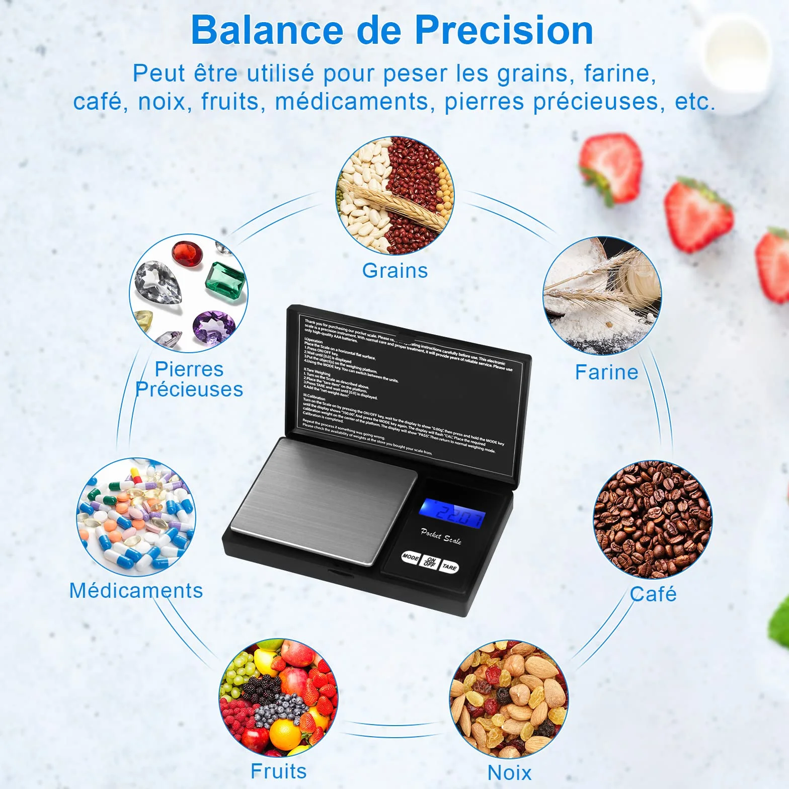 QEIHITYO Bilancia di precisione, 500 g/0,01 g, con display LCD e funzione per caffè erbe, gioielli pietre preziose, 7 unità (2 batterie incluse)