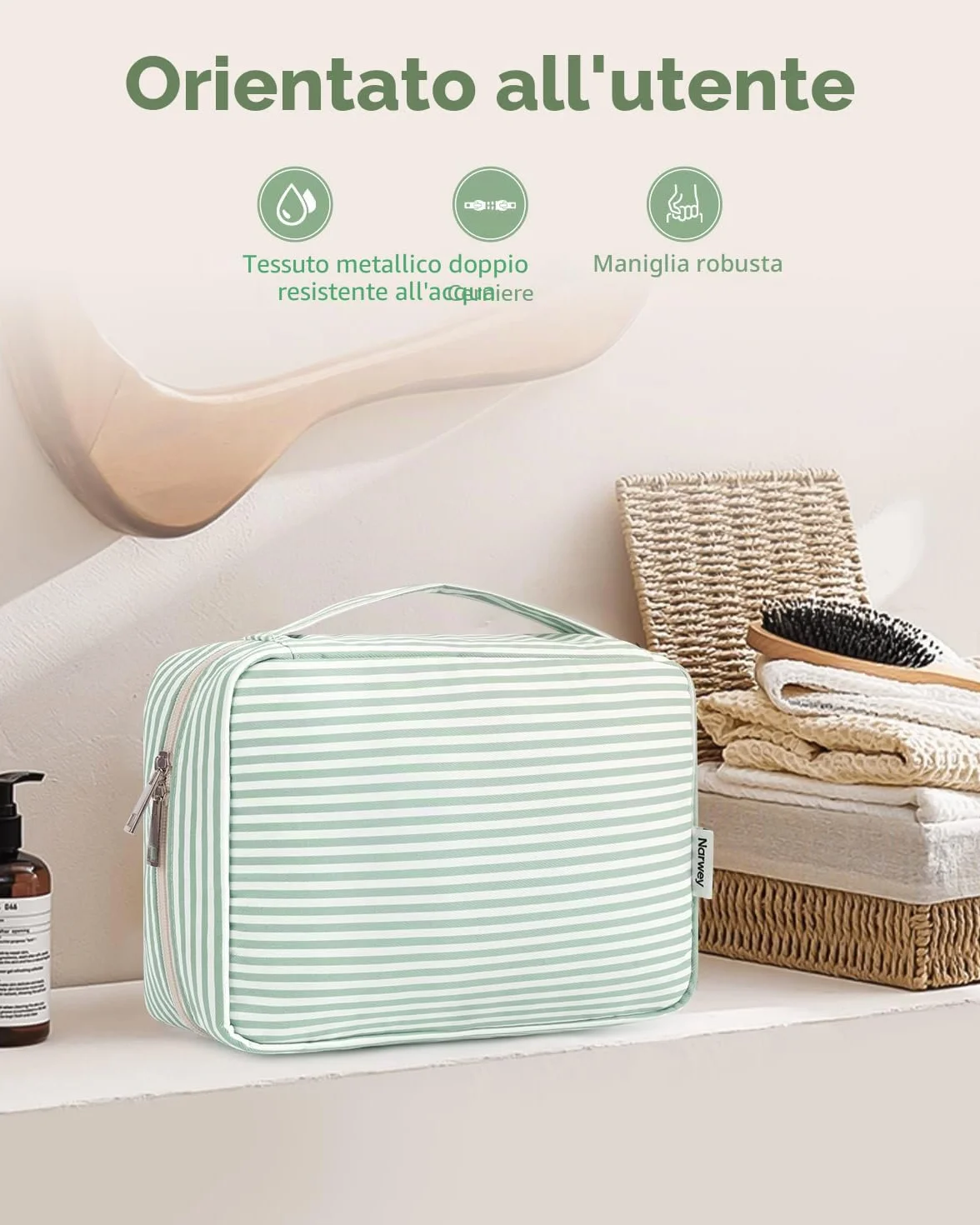 Narwey Beauty Case da Viaggio Appendere Borsa Toilette Wash Bag Travel Kit Trousse Trucchi Donna Uomo (Striscia Verde Menta)