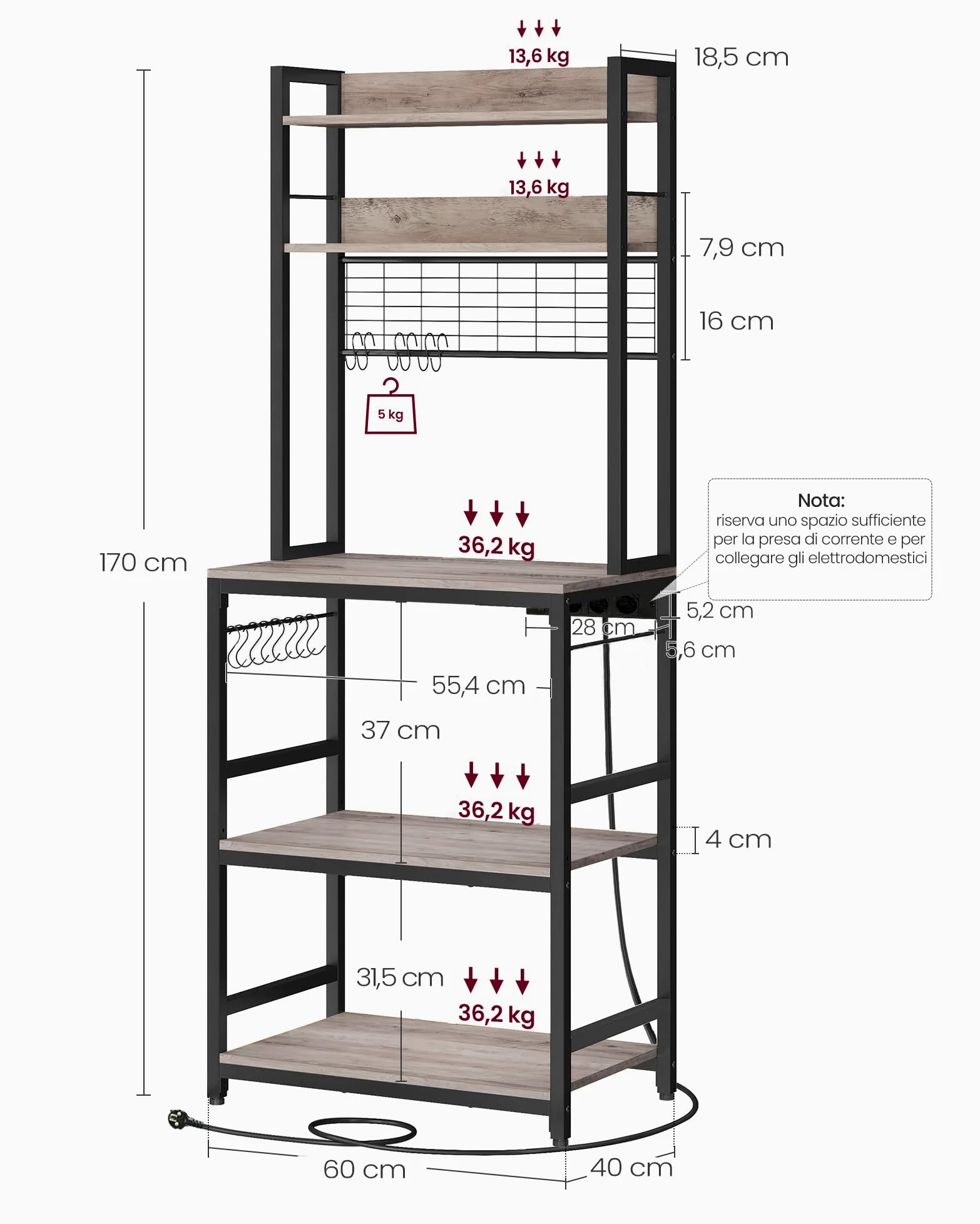 VASAGLE Scaffale Cucina con Multipresa, Scaffale per Microonde, Mobile Cucina, con Pannello a Rete Metallica, 14 Ganci, 40 x 60 x 170 cm, Greige e Nero KKS037B02EU