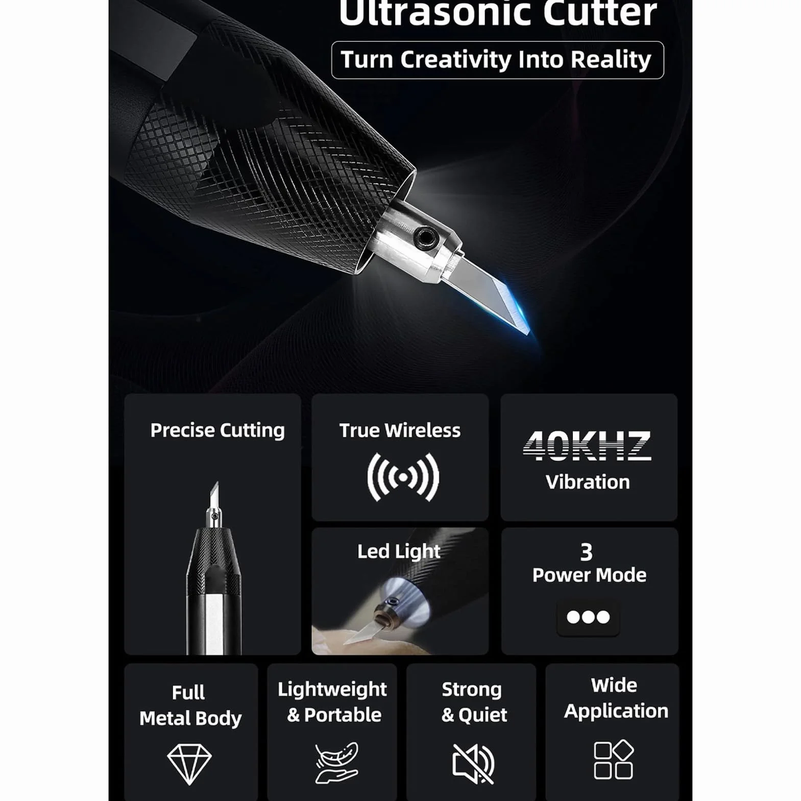 Fafeicy Cutter Ad Ultrasuoni 40kHz con Luce LED 3 Modalità di Potenza 24pcs TIPS per Legno Pelle PVC Stampato 3D