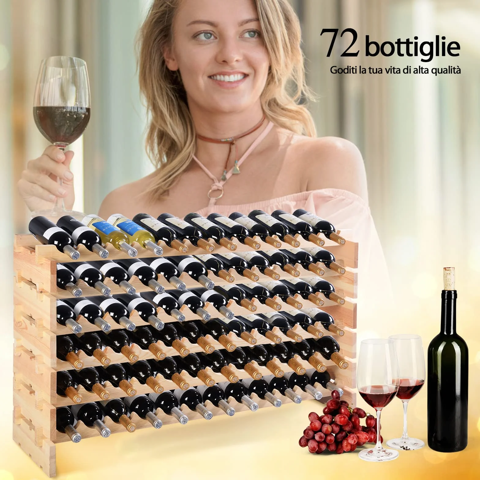 COSTWAY Cantinetta Portabottiglie Vino in Legno di Pino, 72 Bottiglie, 6 Ripiani per Cucina, Bar e Cantina