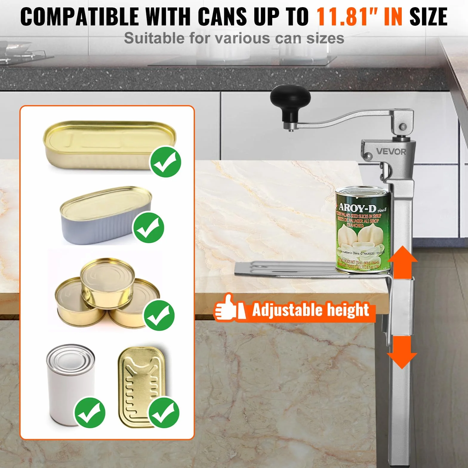 VEVOR Apriscatole Commerciale in Ghisa da Tavolo per Lattine Alte 30 cm, Lama Acciaio Inossidabile, 235 x 100 x 660 mm