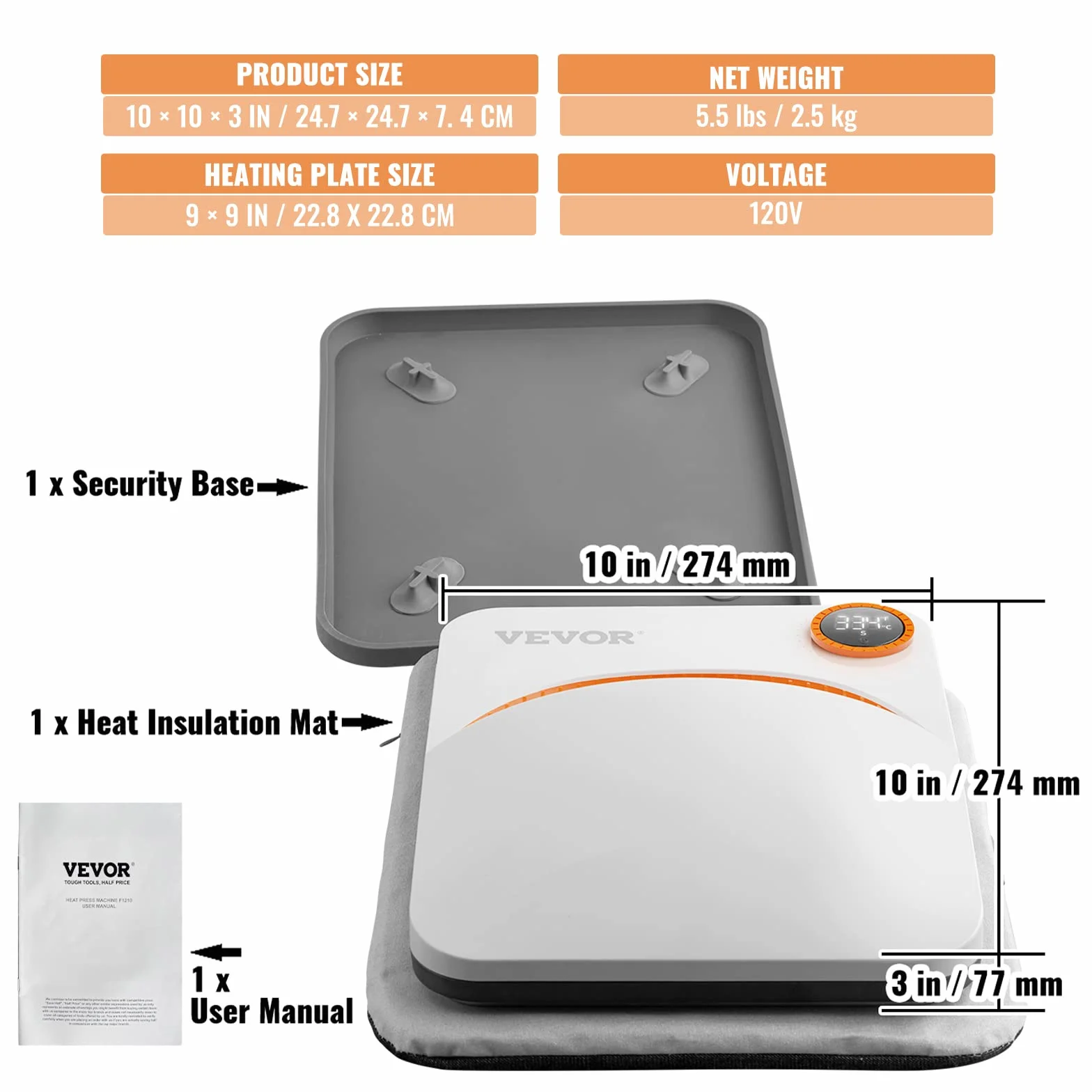 VEVOR Pressa di Calore Portatile 22,8 x 22,8cm 670W per T-shirt Hobbista Fai-da-te, Pressa a Caldo Portatile Piastra Termica 22,8x22,8cm Temperatura 40-205℃, Termopressa Uso Domestico 2,5 kg Fai-da-te