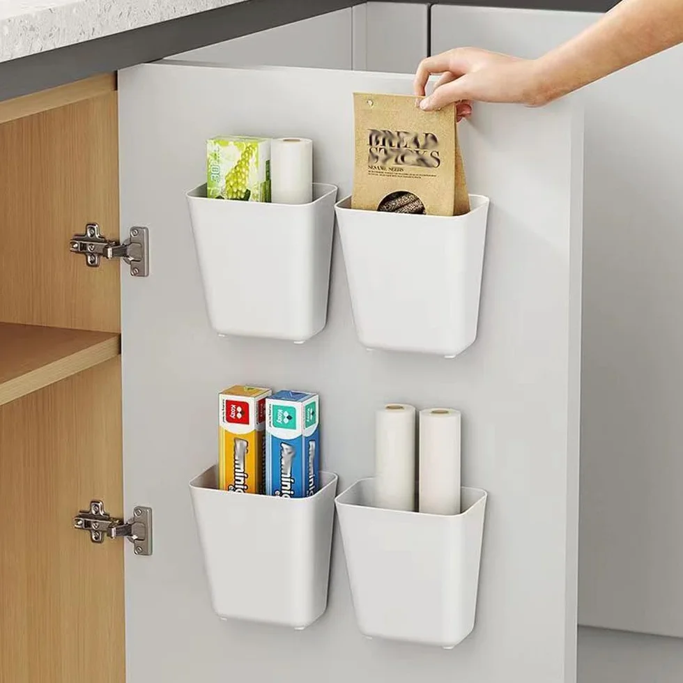 Scatola di Archiviazione Porta Cucina 4 Pezzi, Scatola di Stoccaggio Adesiva a Parete, Organizzatore per Armadio/Bagno/Frigorifero