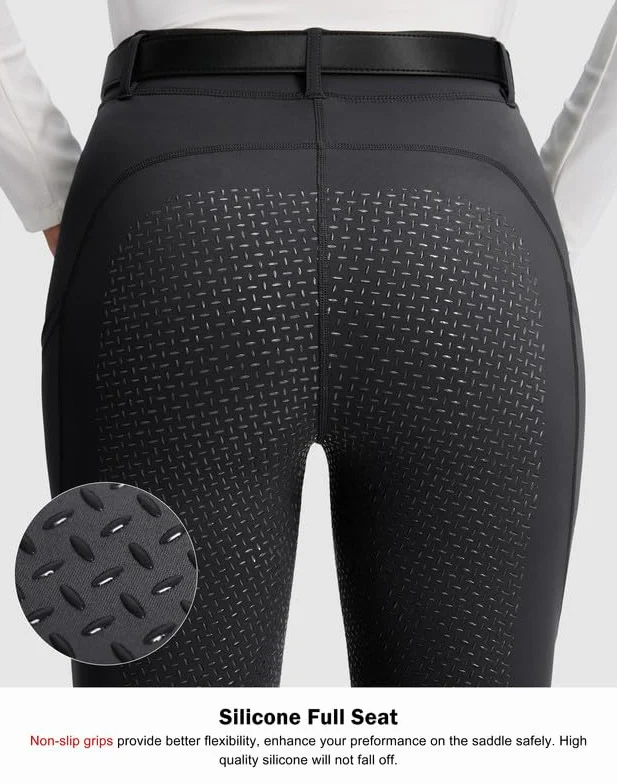 SANTINY Pantaloni da equitazione da donna con seduta intera in silicone tasche con cerniera