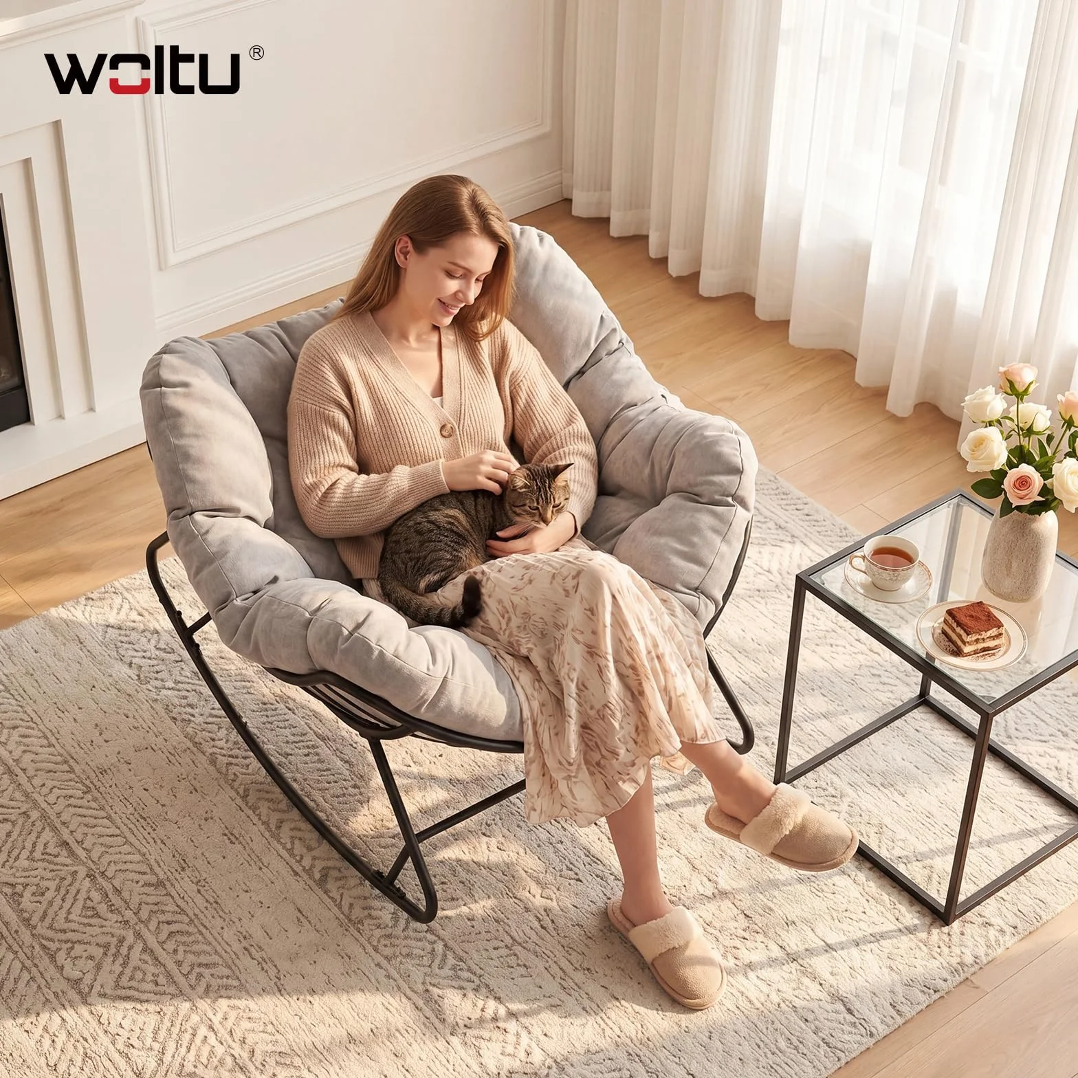 WOLTU Sedia a Dondolo a Forma di Uovo, Poltrona Relax con Gambe Curve, Struttura in Metallo e Cuscino in Ciniglia, Portata 150 kg, per Salotto e Balcone, Grigio Chiaro