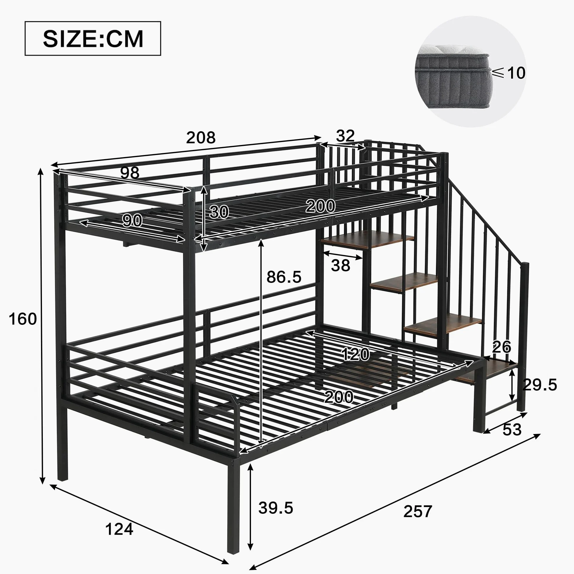 Idemon Letto in ferro a castello, cabina angolare, vano portaoggetti, MDF, nero+legno vintage, 90x200 cm e 120x200 cm