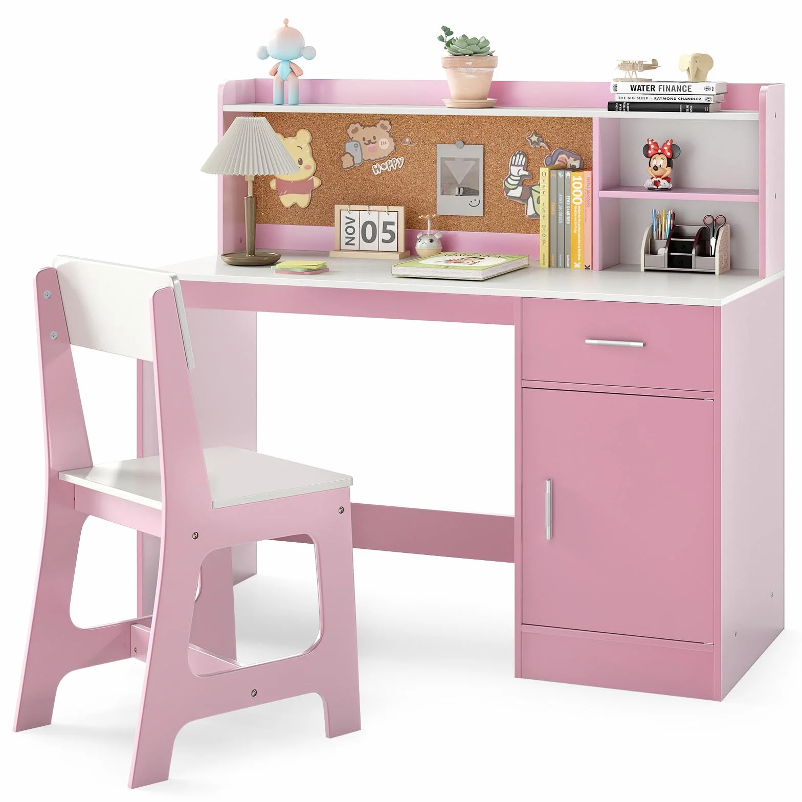 RELAX4LIFE Set Scrivania e Sedia per Bambini, Tavolo da Scrittura in Legno con Sedia, Ripiano, Bacheca, Cassetto, Armadio per Lettura, Disegno, Set di Tavoli da Studio per Bambini (Bianco+Rosa)