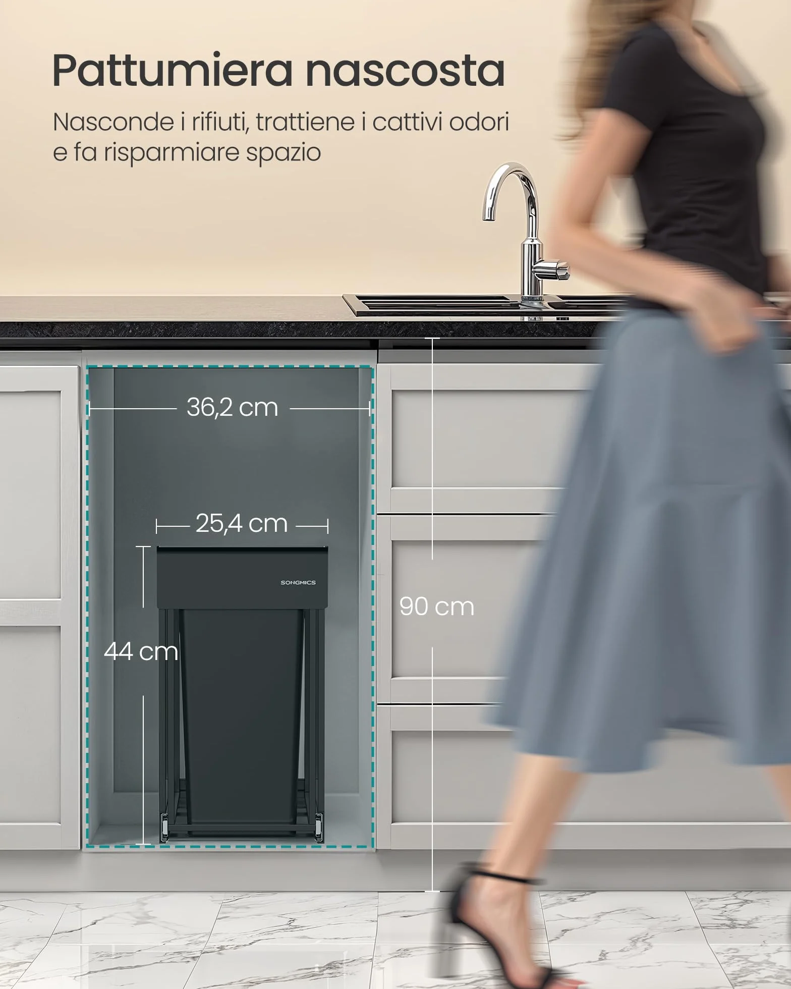 SONGMICS Pattumiera da Cucina per Raccolta Differenziata, Cestino da Incasso per Mobile, 2 x 15 L Doppio Scomparto, Estraibile, Struttura in Acciaio, Coperchio in ABS, Nero Inchiostro LTB950B01