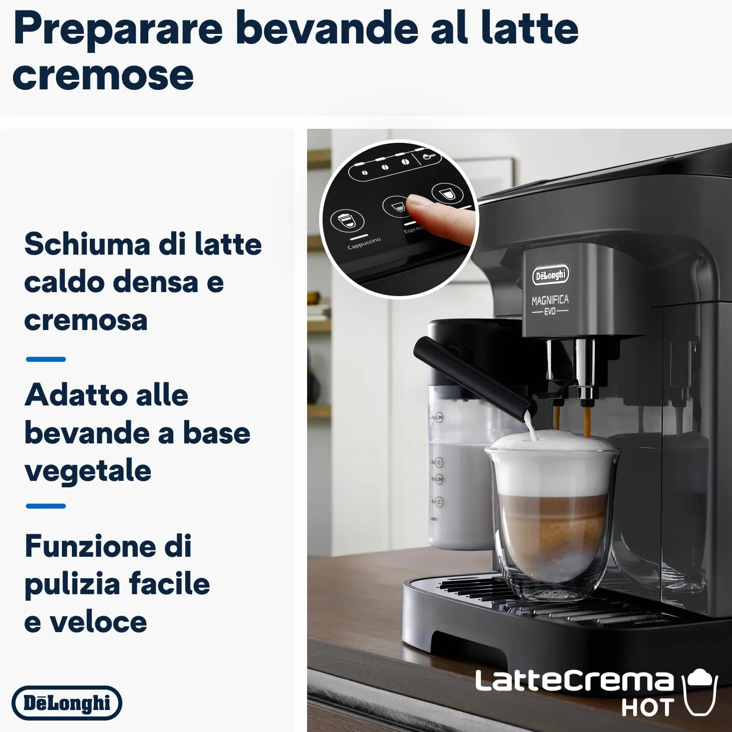De'Longhi Magnifica Evo ECAM292.52.GB Macchina Automatica per Caffè in Chicchi, Macinacaffè Integrato, Pannello Comandi ad Icone, LatteCrema System con Caraffa Montalatte Automatica, 1450W, Nera