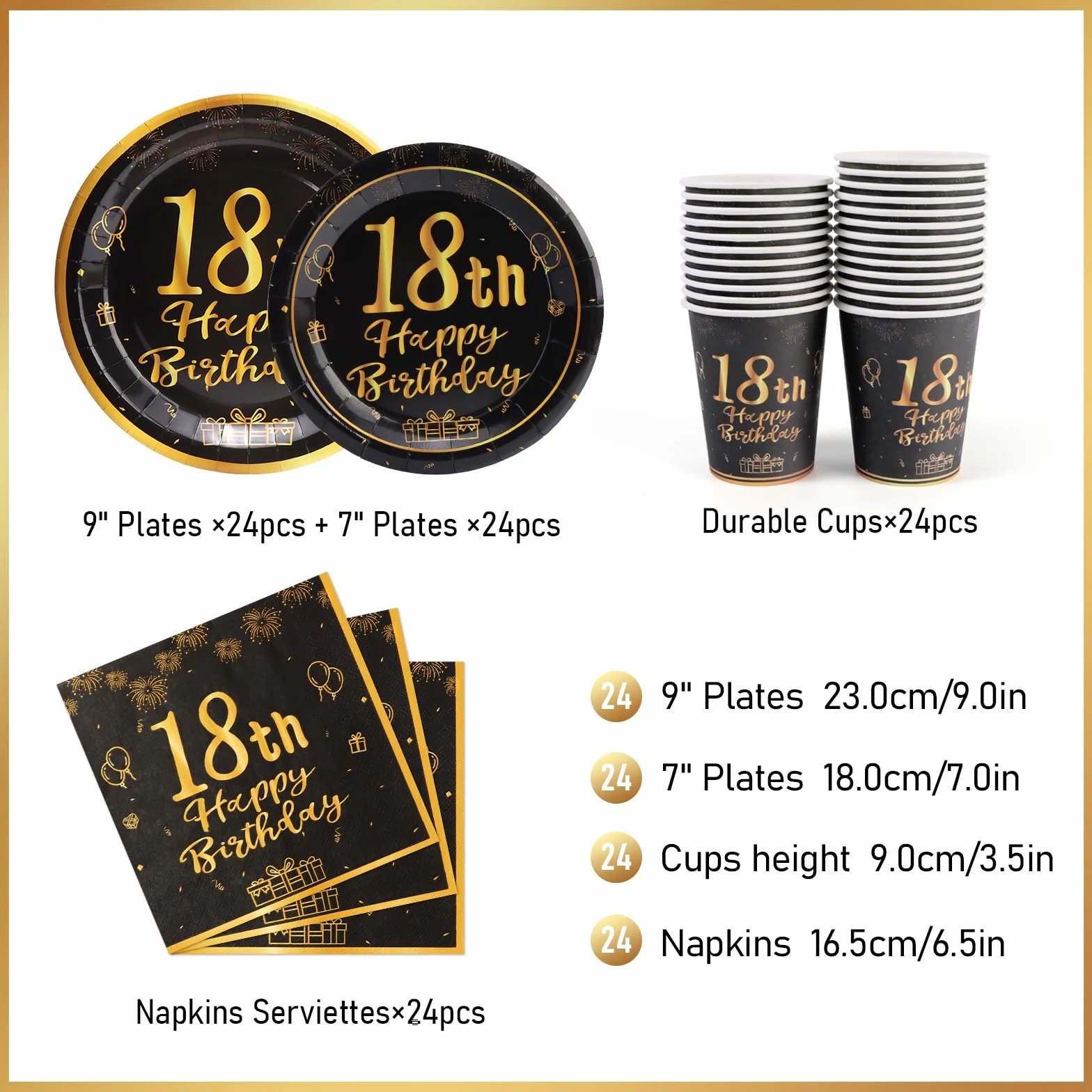 Set di 96 Piatti di Carta per Feste Compleanno - Nero e Oro - 18°