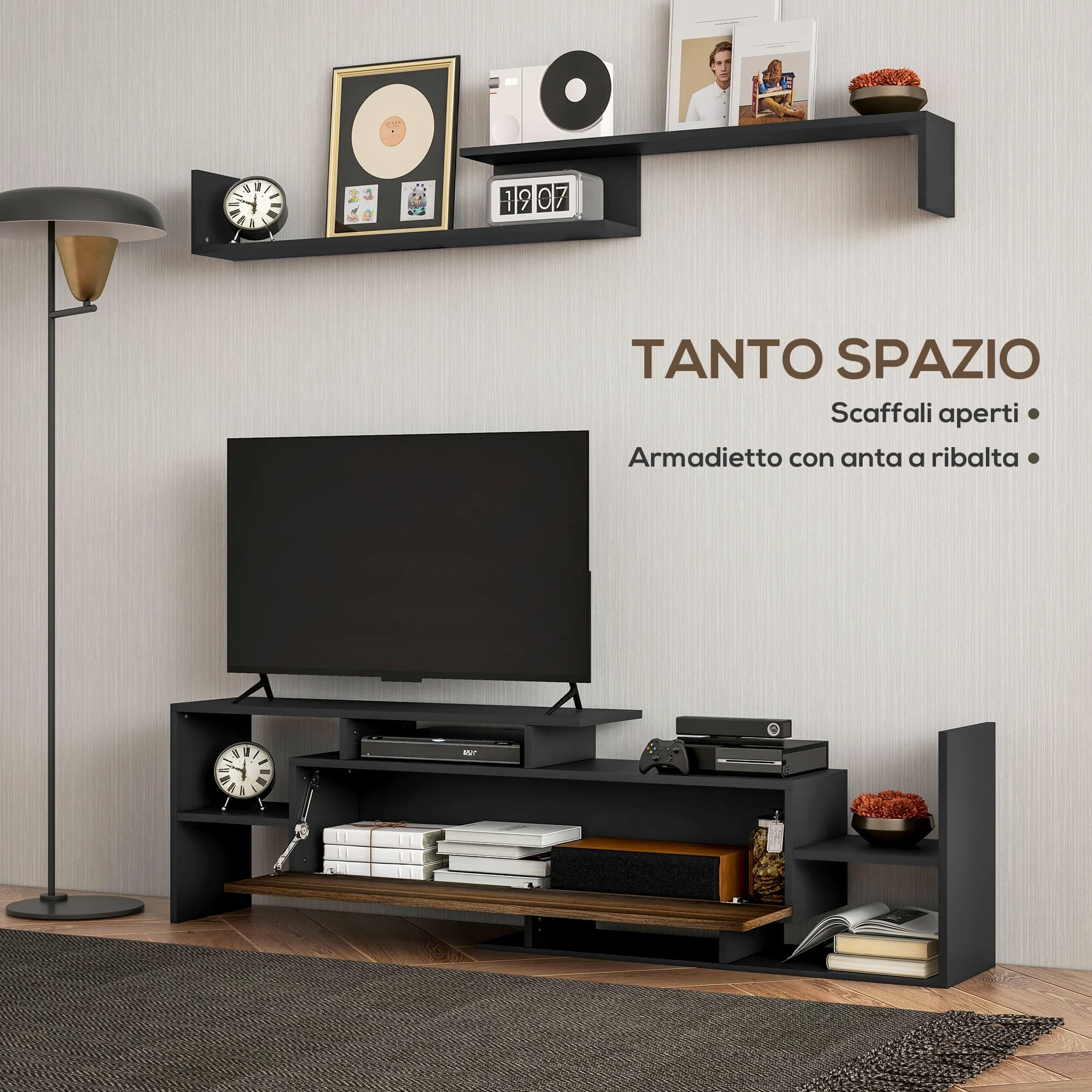 HOMCOM Mobile TV con Mensola a Muro, Ripiani Aperti e Armadietto in Legno, Mobile TV Moderno per Soggiorno e Camera da Letto, Nero e Marrone