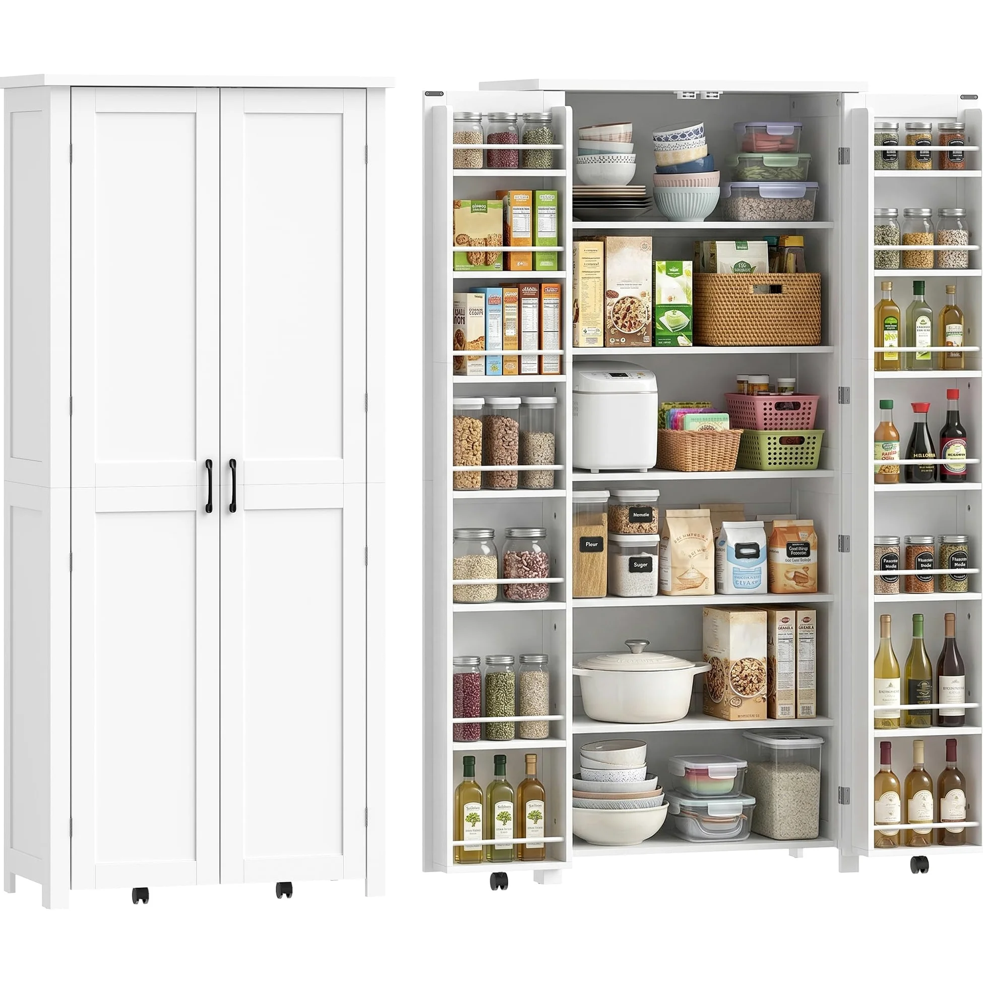 HOMCOM Credenza Cucina Alta 180cm, Mobile Dispensa con Ruote, Doppie Ante, 6 Ripiani, 14 Scomparti Portaspezie sulla Porta, Ripiani Regolabili, Mobile Cucina per Sala da Pranzo Soggiorno, Bianco