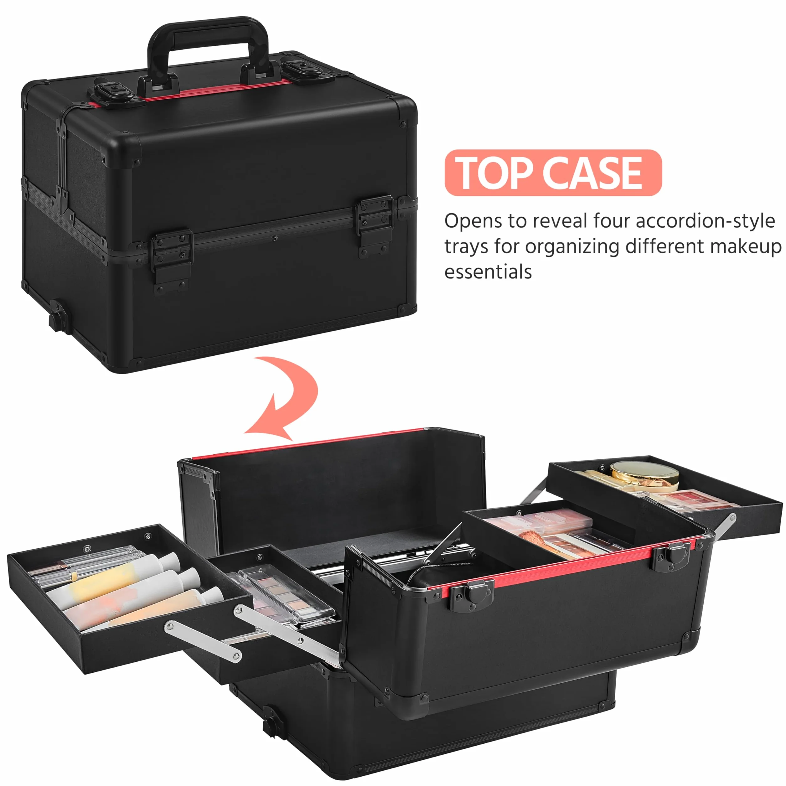 Yaheetech 4 in 1 Valigia Trolley Make Up da Trucco Beauty Case Professionale Grande Porta Trucchi per Estetista Parrucchiere da Viaggio Nero