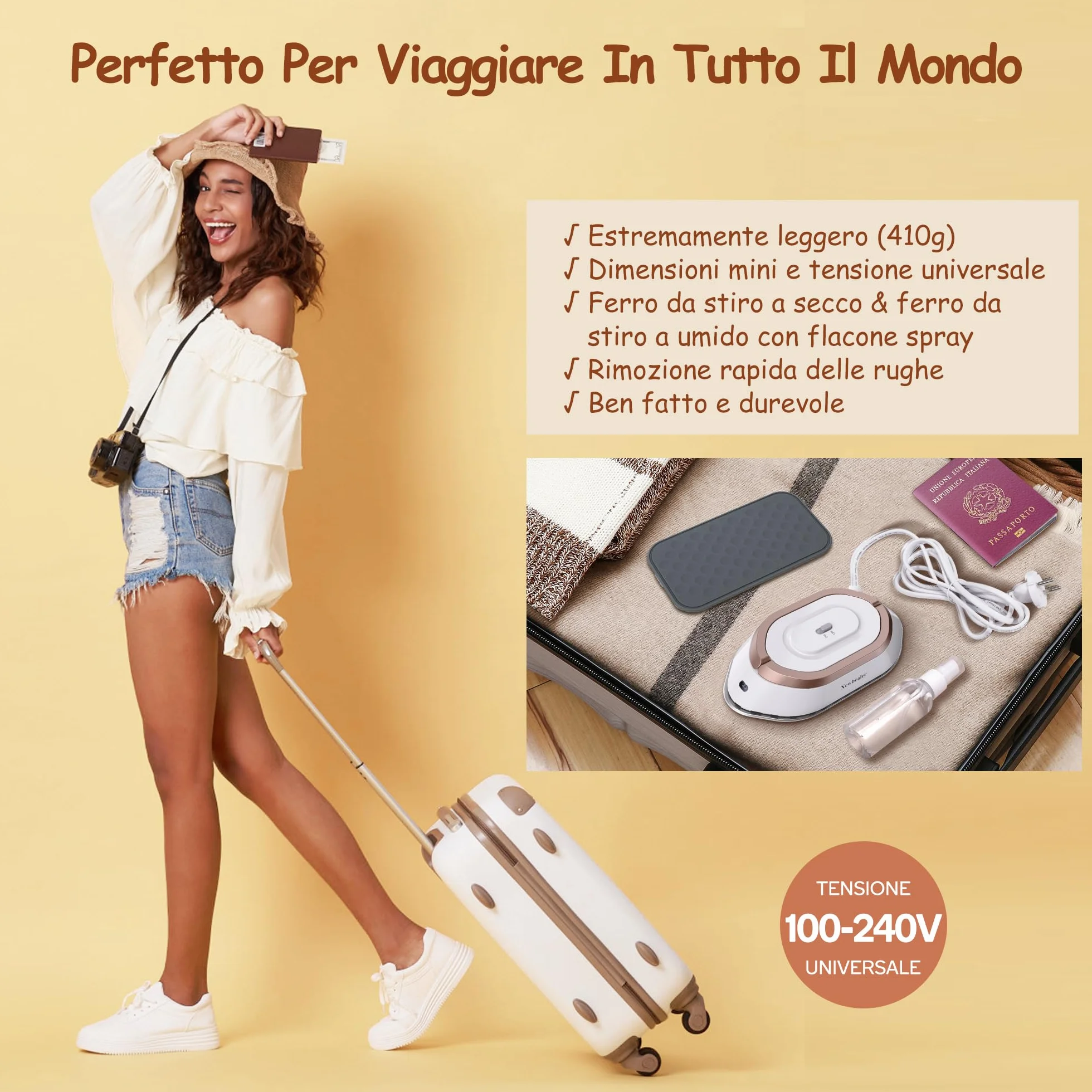 Newbealer Ferro da Stiro da Viaggio, Ferro da Viaggio Mini Portatile Leggera Compatto senza Vapore, Stirare i Vestiti, Tensione Universale 100-240V, Oro