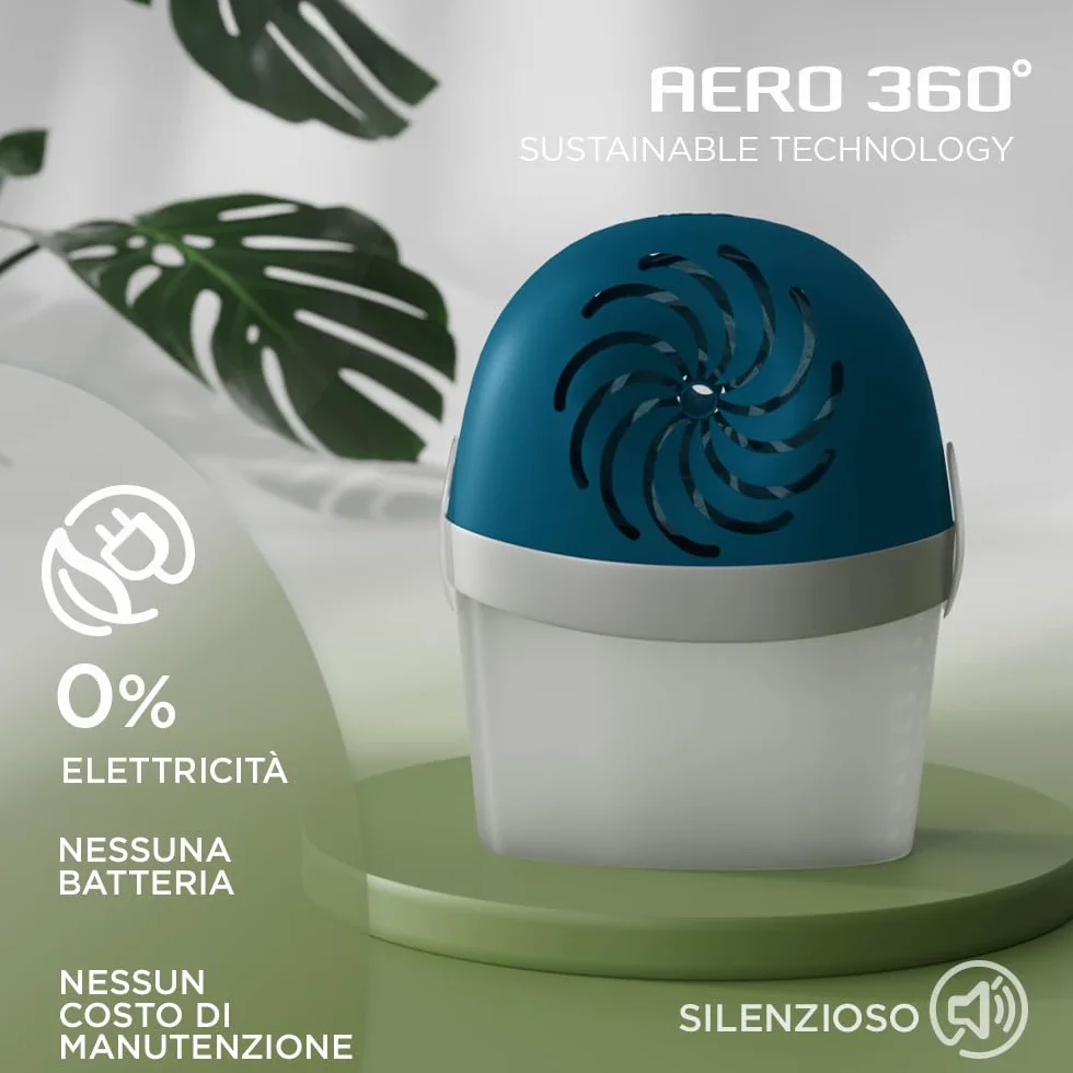 Ariasana Aero 360° kit assorbiumidità, deumidificatore ricaricabile non elettrico, assorbi umidità contro condensa e muffa, 1 dispositivo e 1 ricarica Tab lavanda da 450g