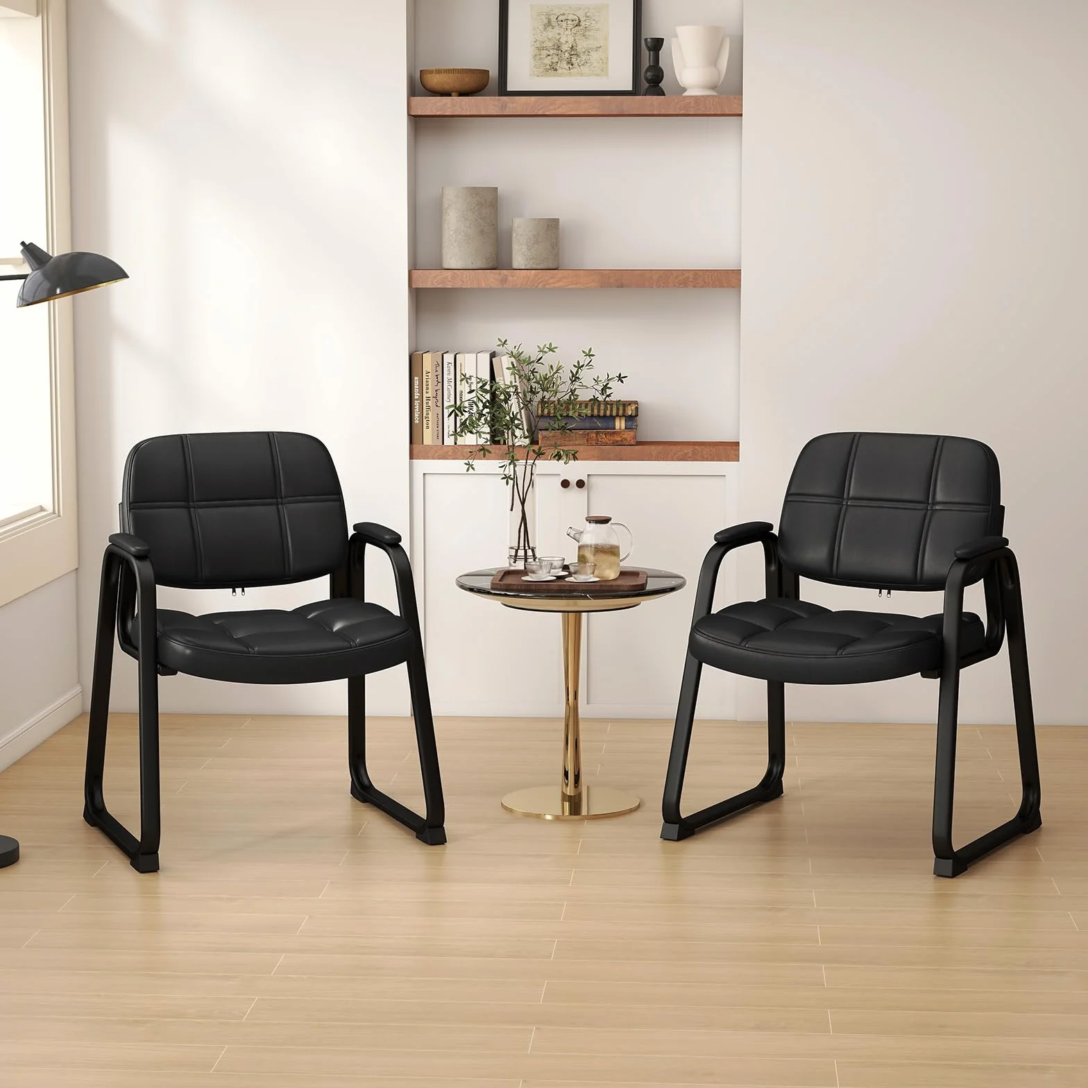 COSTWAY Set di 2 Sedie da Ufficio, Sedia per Sala d'Attesa con Struttura in Metallo, Braccioli Imbottiti, Sedia da Ospiti per Ufficio Riunioni, Portata 120 kg, Nero