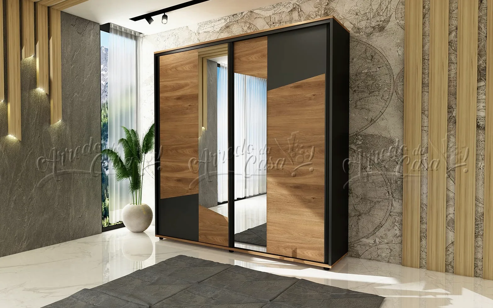 Camera da Letto Matrimoniale Completa Nera e Rovere Scuro con Armadio a 2 Ante Scorrevoli con Specchio Letto Matrimoniale 2 Comodini e 1 Comò CDLU33