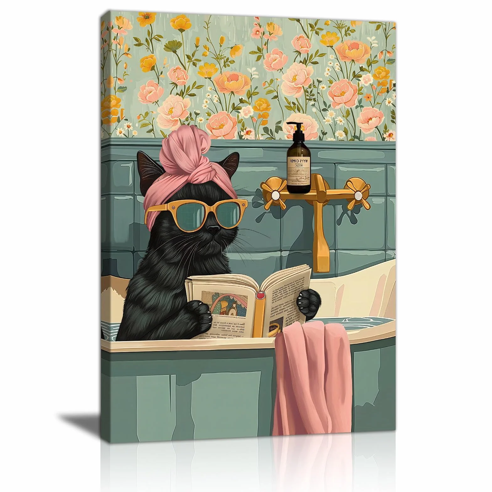 FajerminArt Divertente Bagno Stampe da Parete Gatto Nero Leggere Nella Vasca da Bagno Quadri Moderni Umorismo Animale Paesaggio Stampa su tela Quadro Pittura Poster Decor Bagno Camera da letto 40x60cm