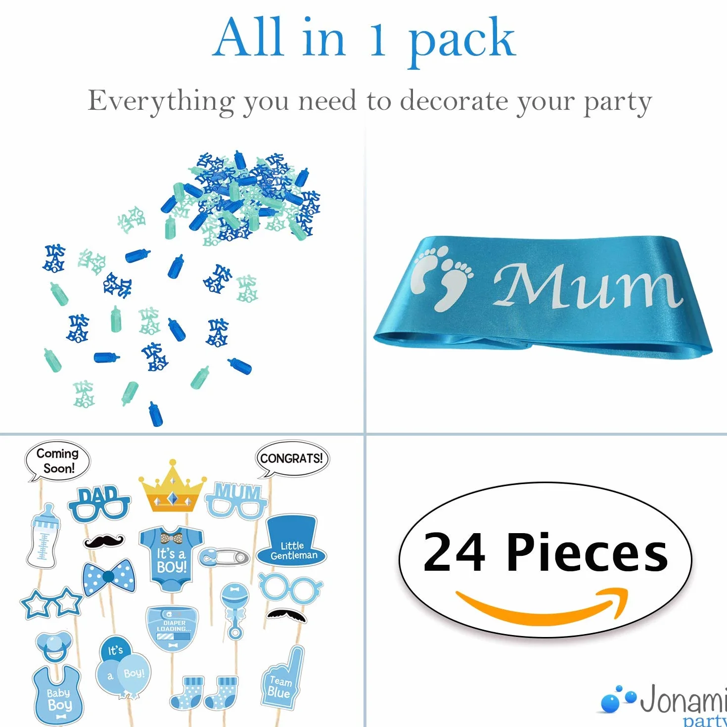 Jonami Decorazioni Festa Nascita Bambino Fascia Futura Mamma Mum To Be Blu + Foto Booth Props Accessori Foto Divertenti + Coriandoli da Tavolo Accessori Battesimo Baby Shower