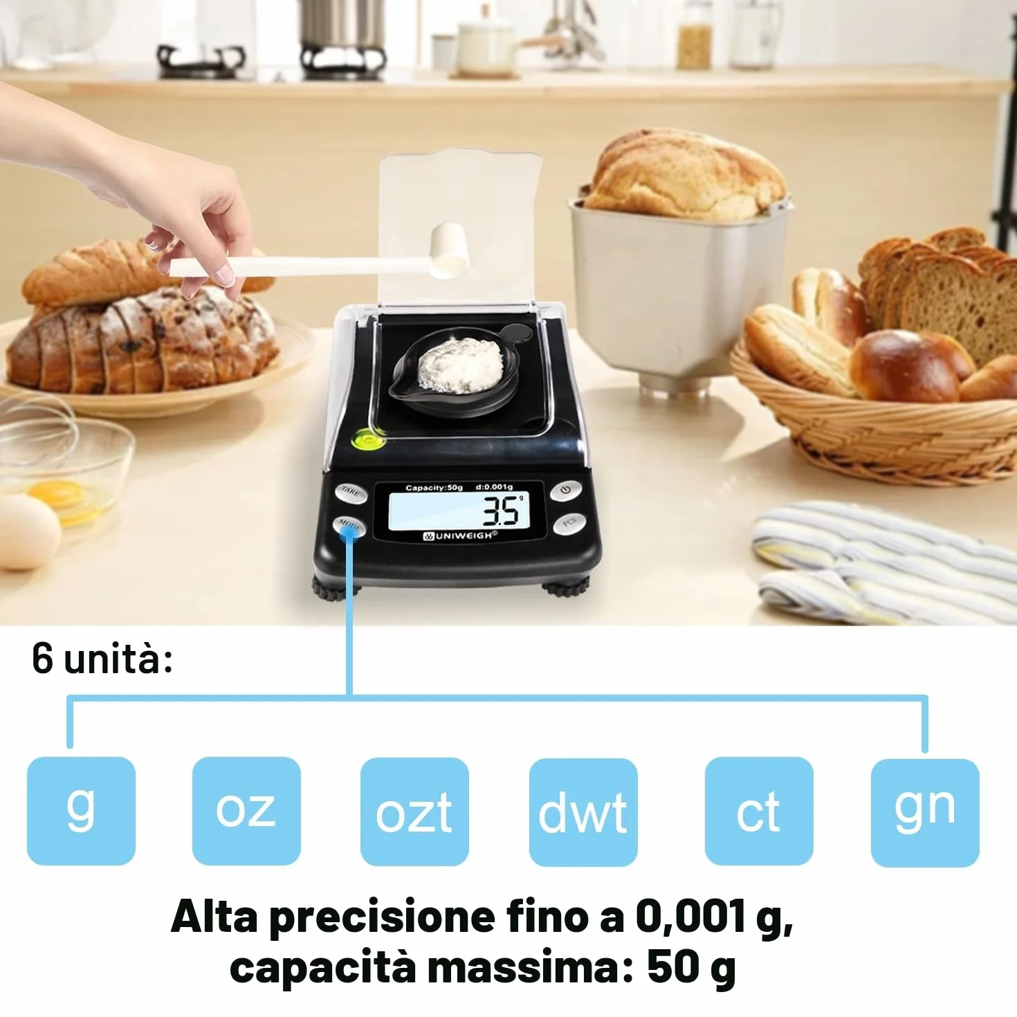UNIWEIGH Bilancia digitale Milligrammi accurata 0.001g/50g, Bilancia mg di precisione per polvere/oro/gemma,Bilancia Micro Gram con 6 unità,tara,peso Cal,scala tascabile con USB & batteria alimentata