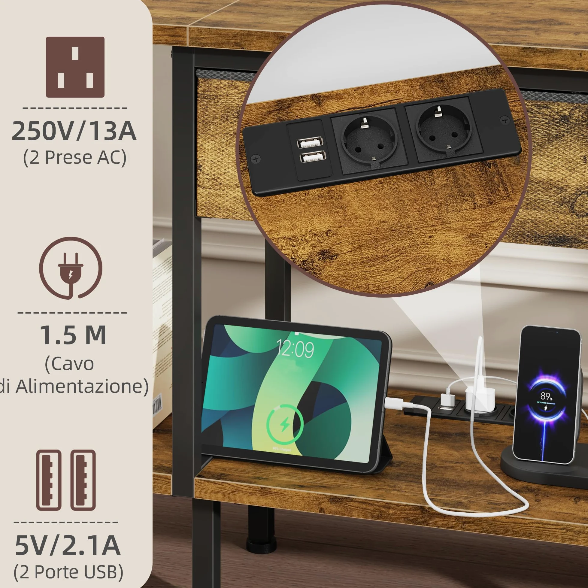 Mobile TV con Presa, Supporto TV con Illuminazione a LED, Cassetto in Tessuto e Ripiani Aperti, 120 cm Mobile TV per TV fino a 55″ per Soggiorno e Camera da Letto, Marrone Rustico