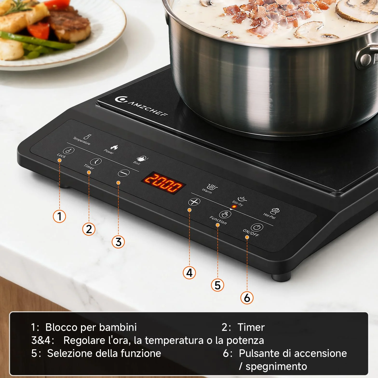 AMZCHEF Piastra a Induzione Portatile, 20 Impostazioni, Design Sottile, Ceramica Nera, Timer 3H