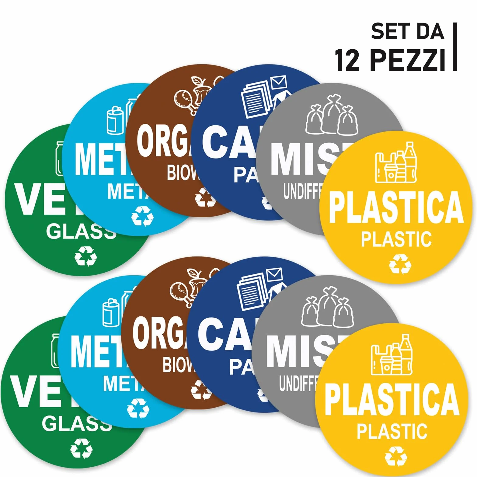 12 Adesivi Raccolta Differenziata Formato 9.5 cm di diametro - Etichette per Contenitori Rifiuti in Italiano e Inglese - Adesivo per Riciclo Lavabile Antigraffio Resistente