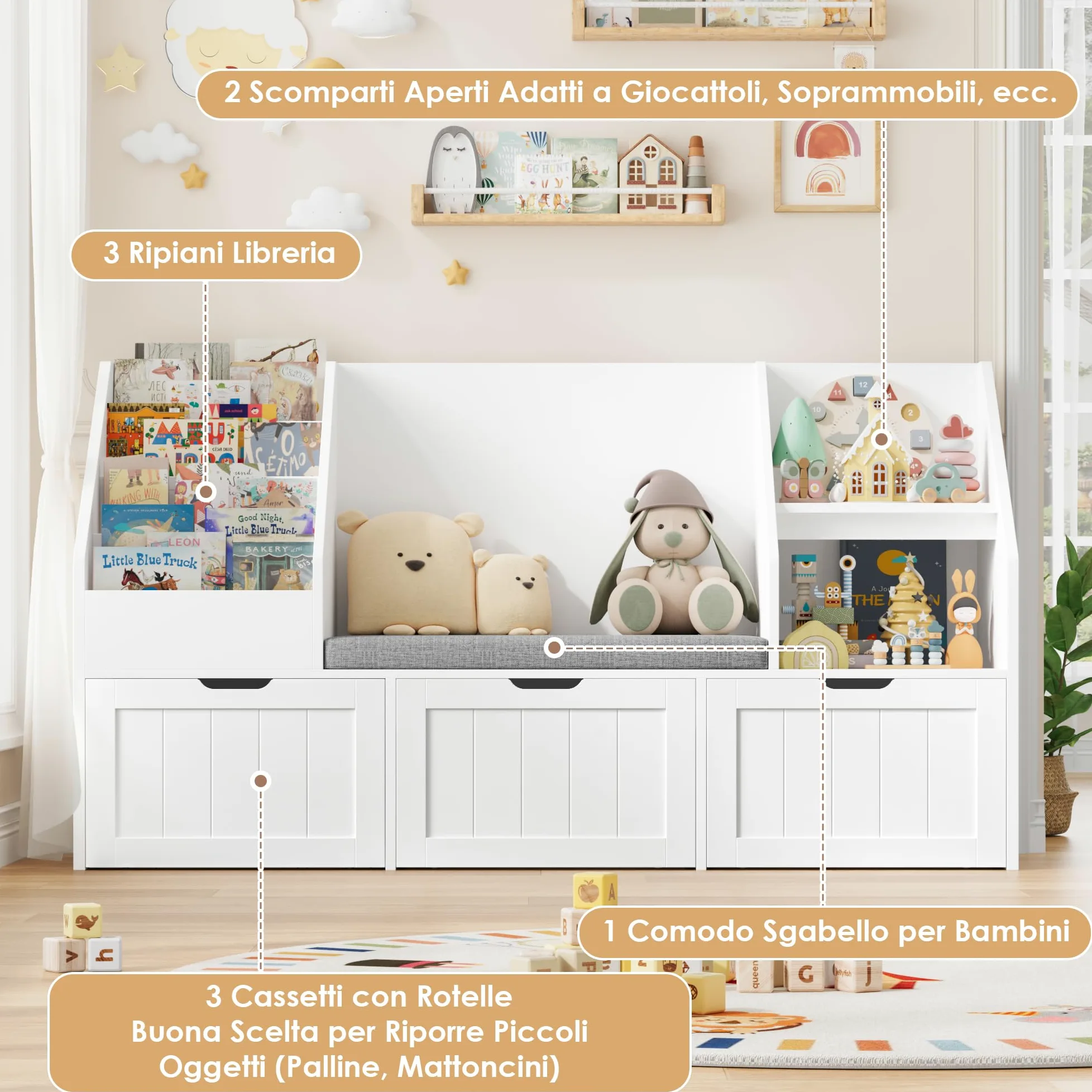FOREHILL Libreria Montessoriana per Bambini, Porta Giochi Bambini con Cuscini, Libreria Panca a 4 Ripiani, Mobile Porta Giochi a 3 Cassetti con Ruote, per Cameretta, Studio, 140x39.5x80 cm (Bianco)