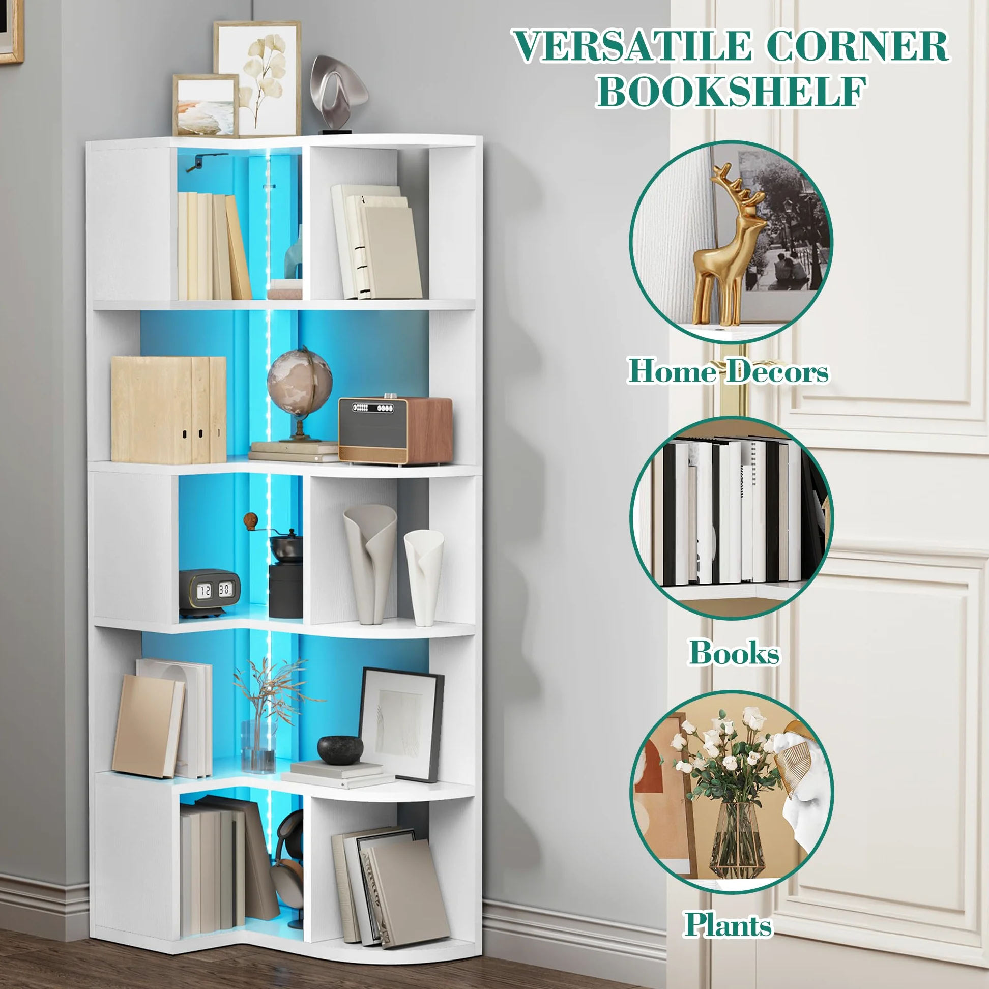 YITAHOME Libreria angolare a 6 ripiani con LED, a forma di L, scaffale angolare, scaffale da pavimento, per ufficio, studio, soggiorno, camera da letto, 64 x 41,5 x 159,5 cm, bianco