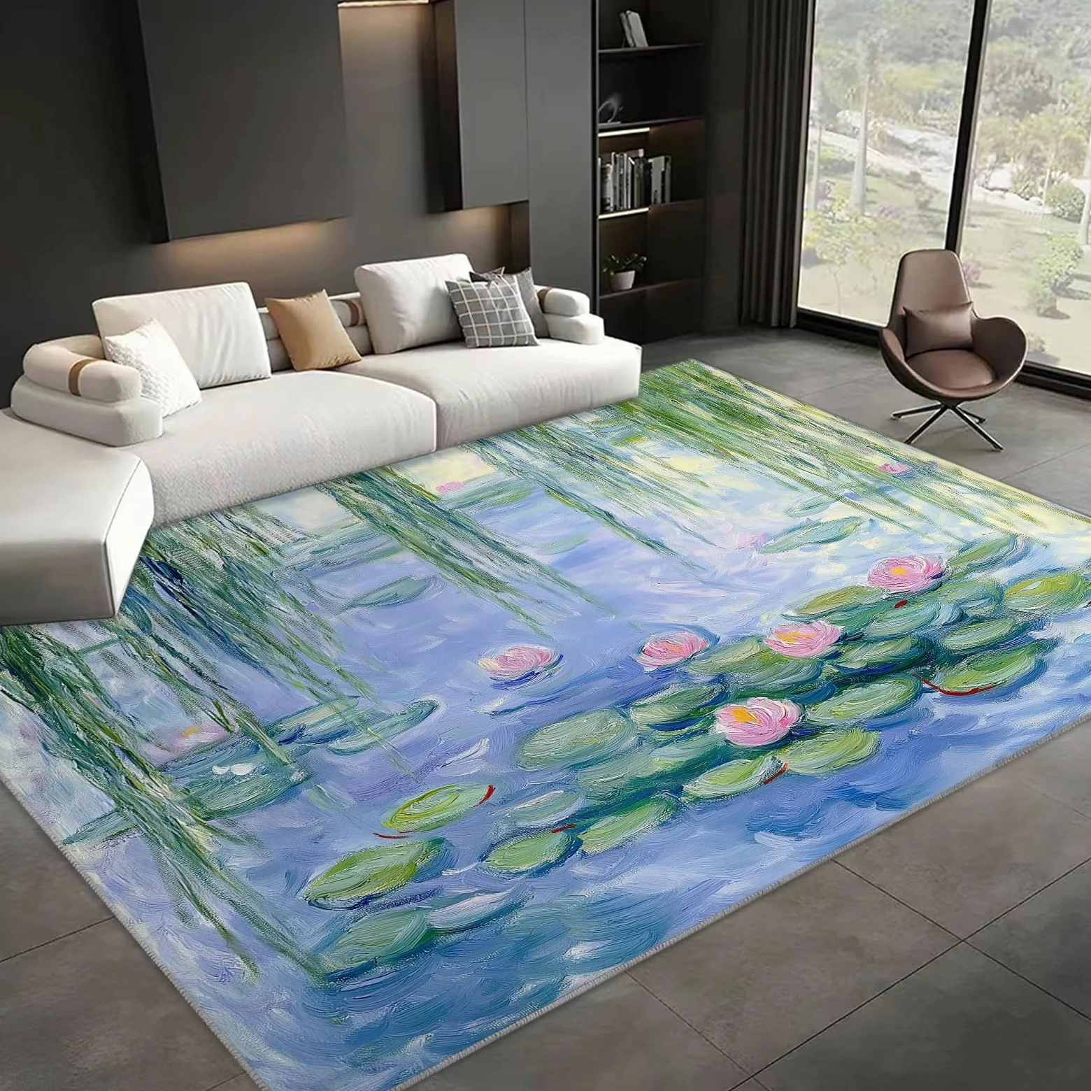 Tappeto verde per laghetto con ninfee, 160 x 230 cm, a pelo corto, moderno, per soggiorno e camera da letto, con retro antiscivolo resistente, lavabile in lavatrice, per l'arredamento della casa.