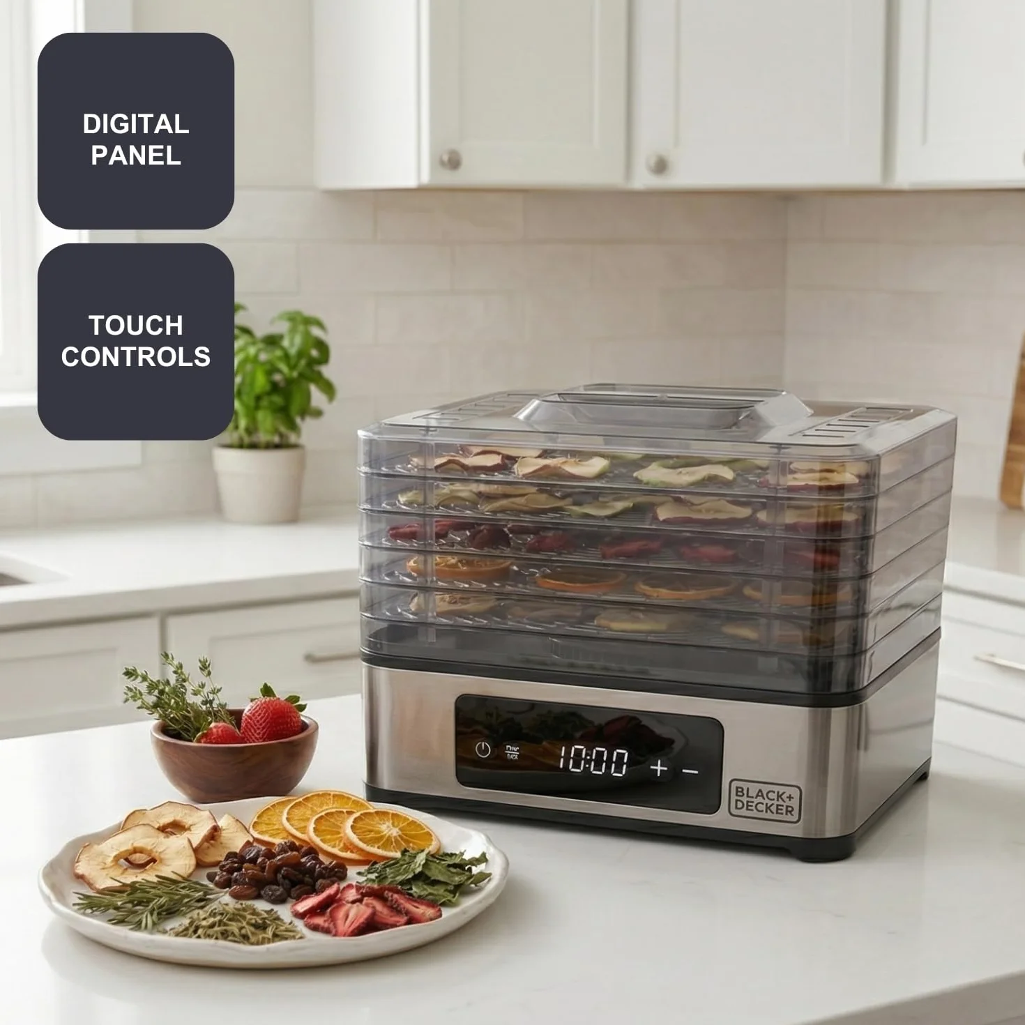 Black+Decker - essiccatore alimentare 400W | 5 vassoi trasparenti 29x21 cm | pannello digitale touch | temperatura regolabile 35-70°C | timer 48h | spegnimento automatico | senza BPA