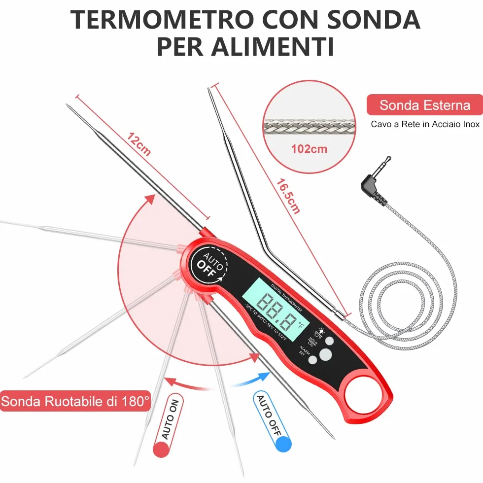CIRYCASE Termometro Cucina a Lettura Rapida con Sonda da 102cm LCD per Forno BBQ Carne