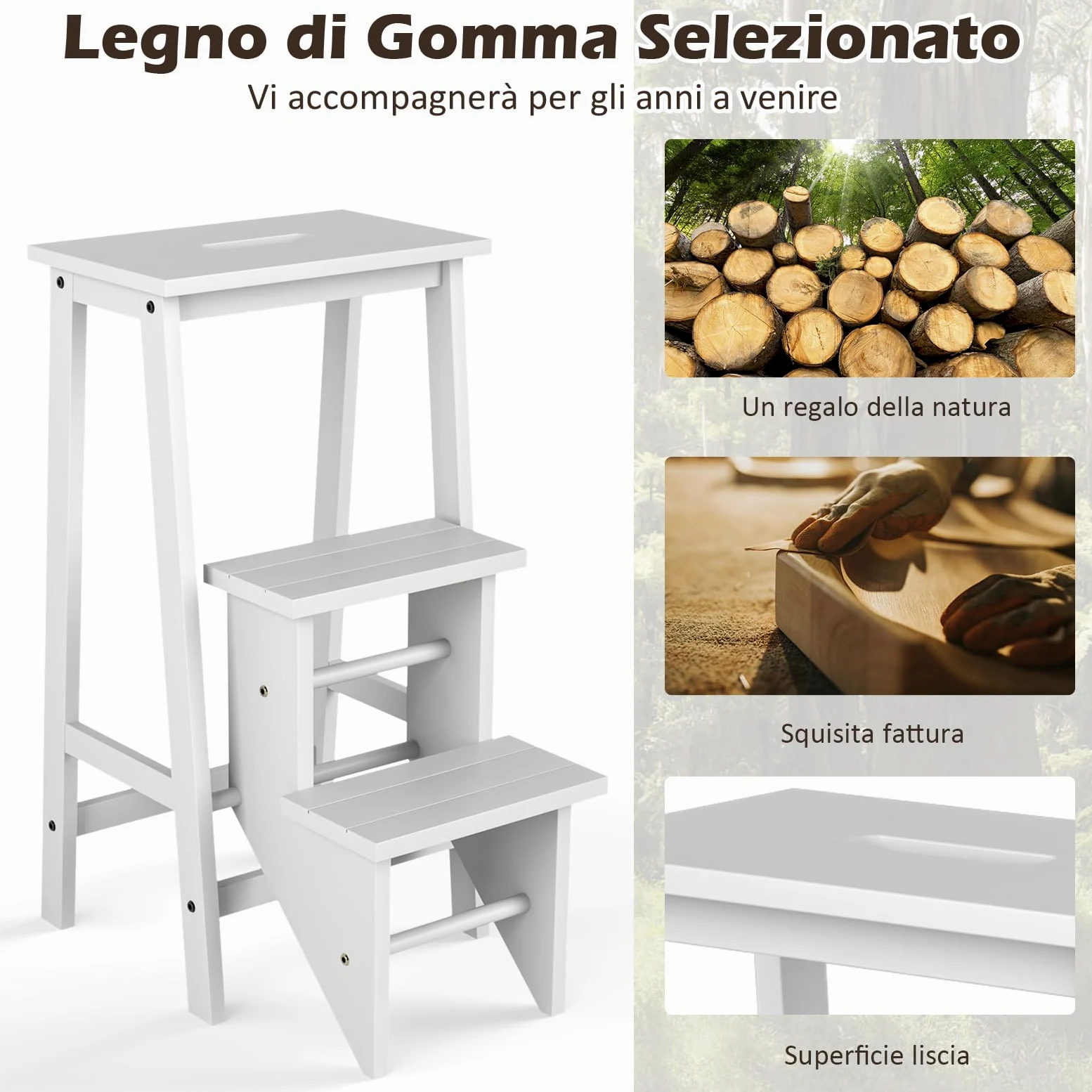COSTWAY Scaletta Pieghevole, 3 in 1 Scaletta e Sgabello in Legno di Gomma Multifunzione, 3 Gradini, Reversibili Impugnatura, Capacità di Carico 310 kg, Ideale per Studio, Soggiorno (Bianco)