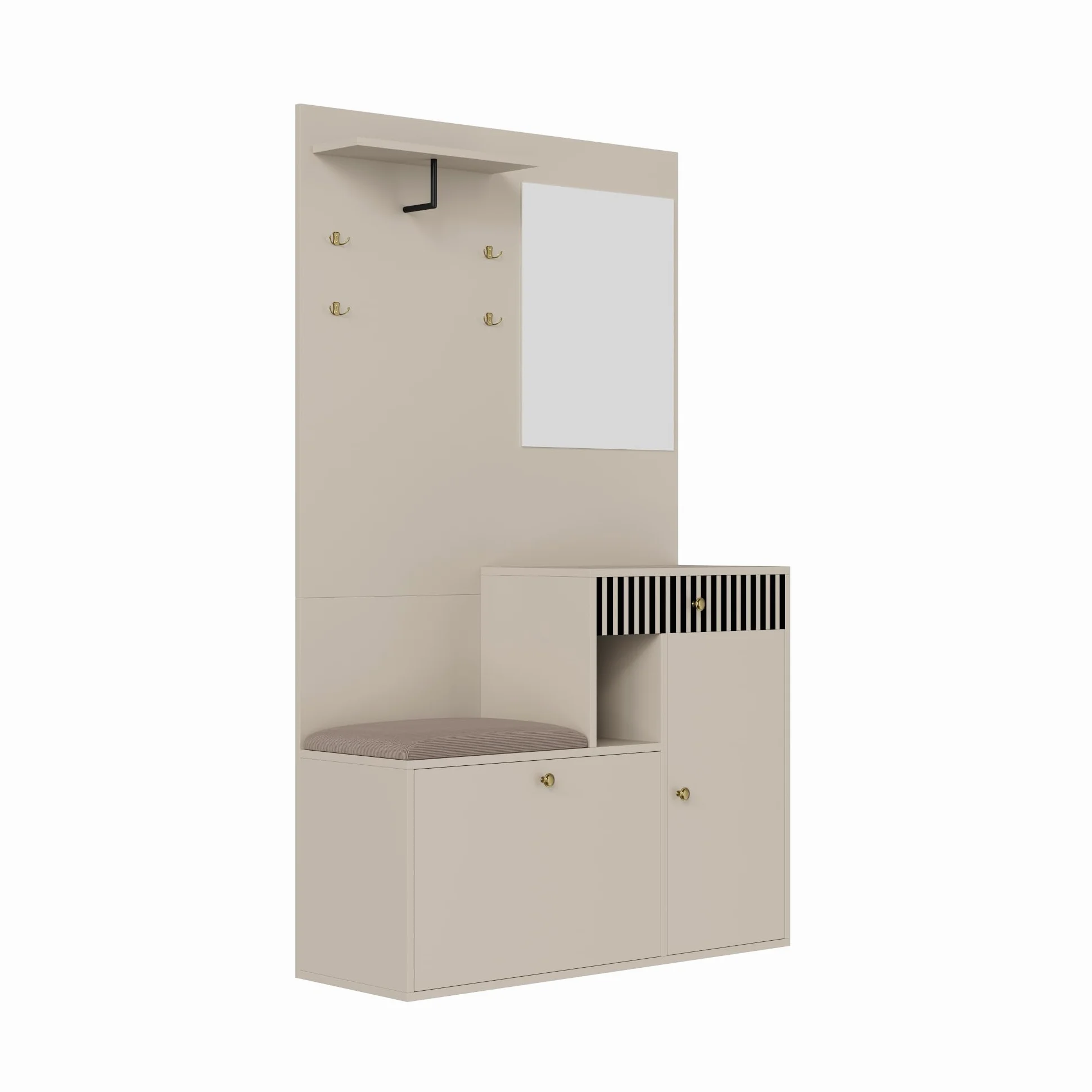Set di appendiabiti compatto con specchio e cuscini imbottiti, armadio per corridoio, parete del soggiorno, scaffale, pannelli per appendiabiti da corridoio e soggiorno, scarpiera, 110 x 185,5