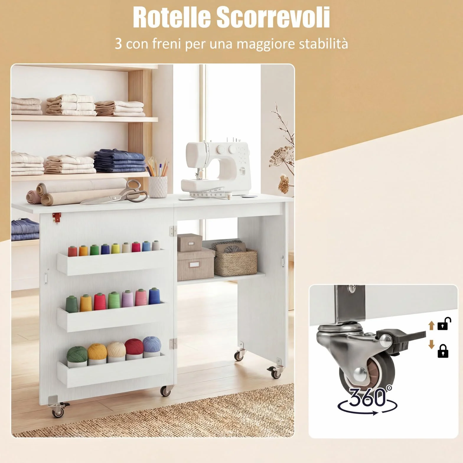 RELAX4LIFE Tavolo da Cucito Pieghevole con Ampio Piano del Tavolo, 3 Vani, Ripiano Portaoggetti,Mobiletto Salvaspazio con Ruote per Ago, Filo e Forbici (Bianco, Senza Prese)