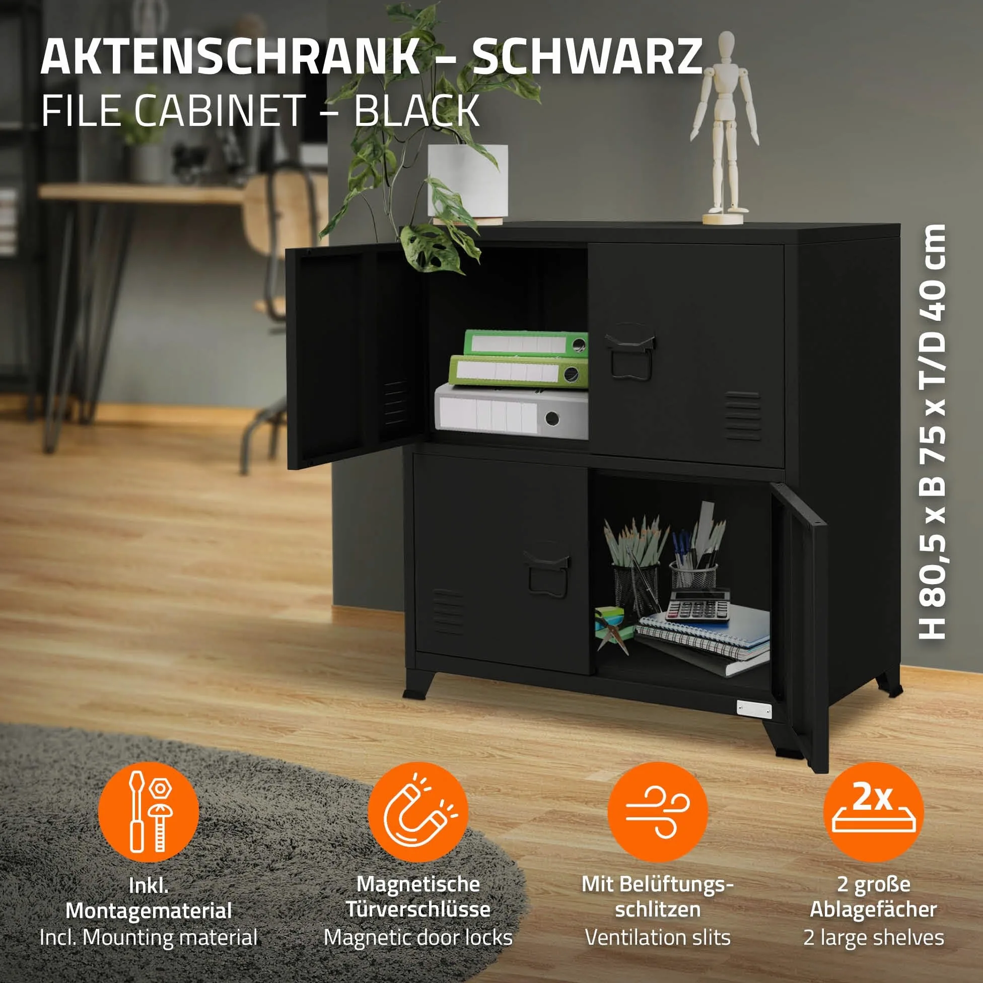 ML-Design Schedario da Ufficio 75x40x80,5 cm Nero Acciaio Mobile a 4 Gambe Armadietto in Metallo 4 Ante 2 Scomparti Interni Armadio Industriale Portadocumenti in Acciaio di Stoccaggio Portaoggetti