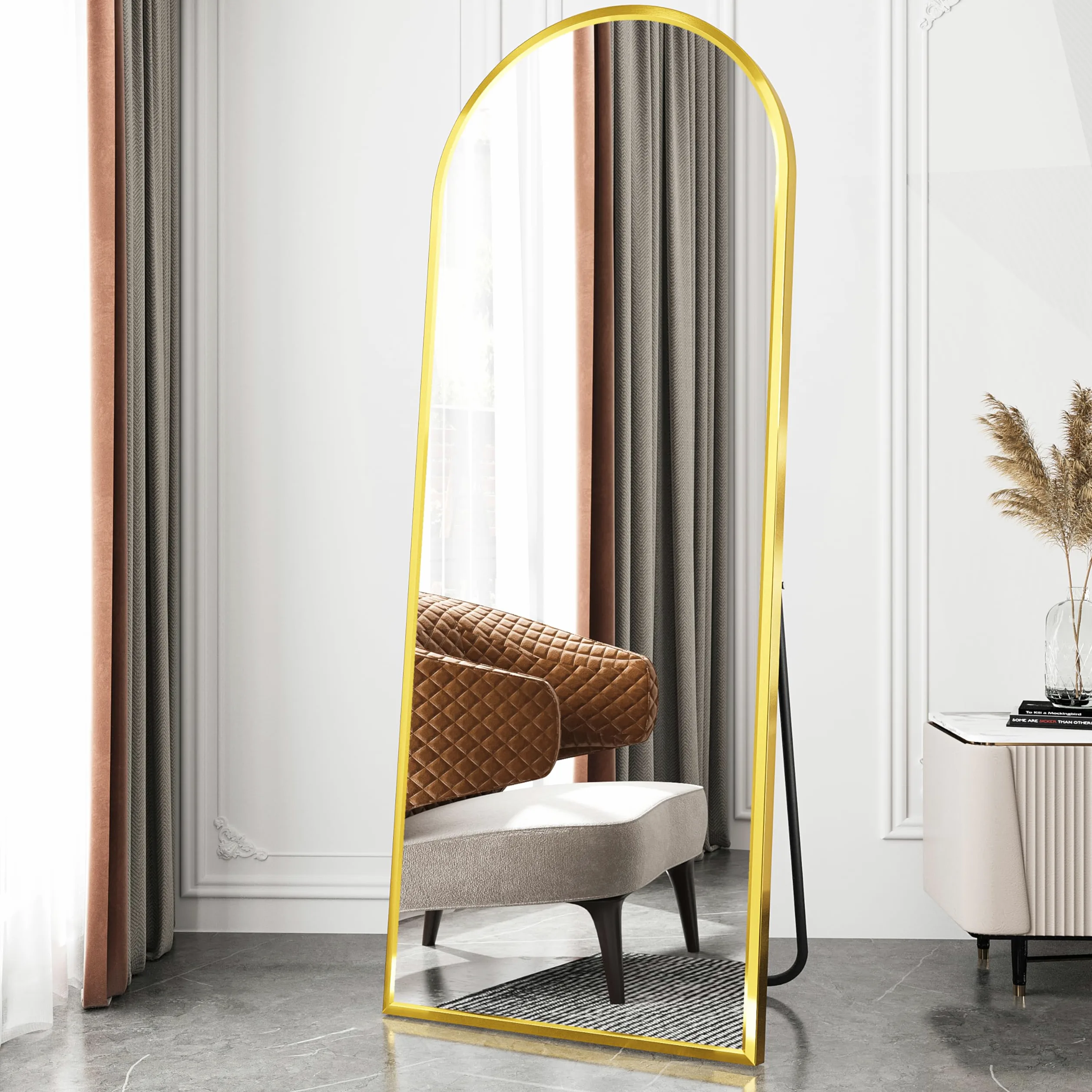Bogen - Specchio a figura intera, 165 x 60 cm, grande specchio da terra, curvo, da parete, per camera da letto, spogliatoio (oro)