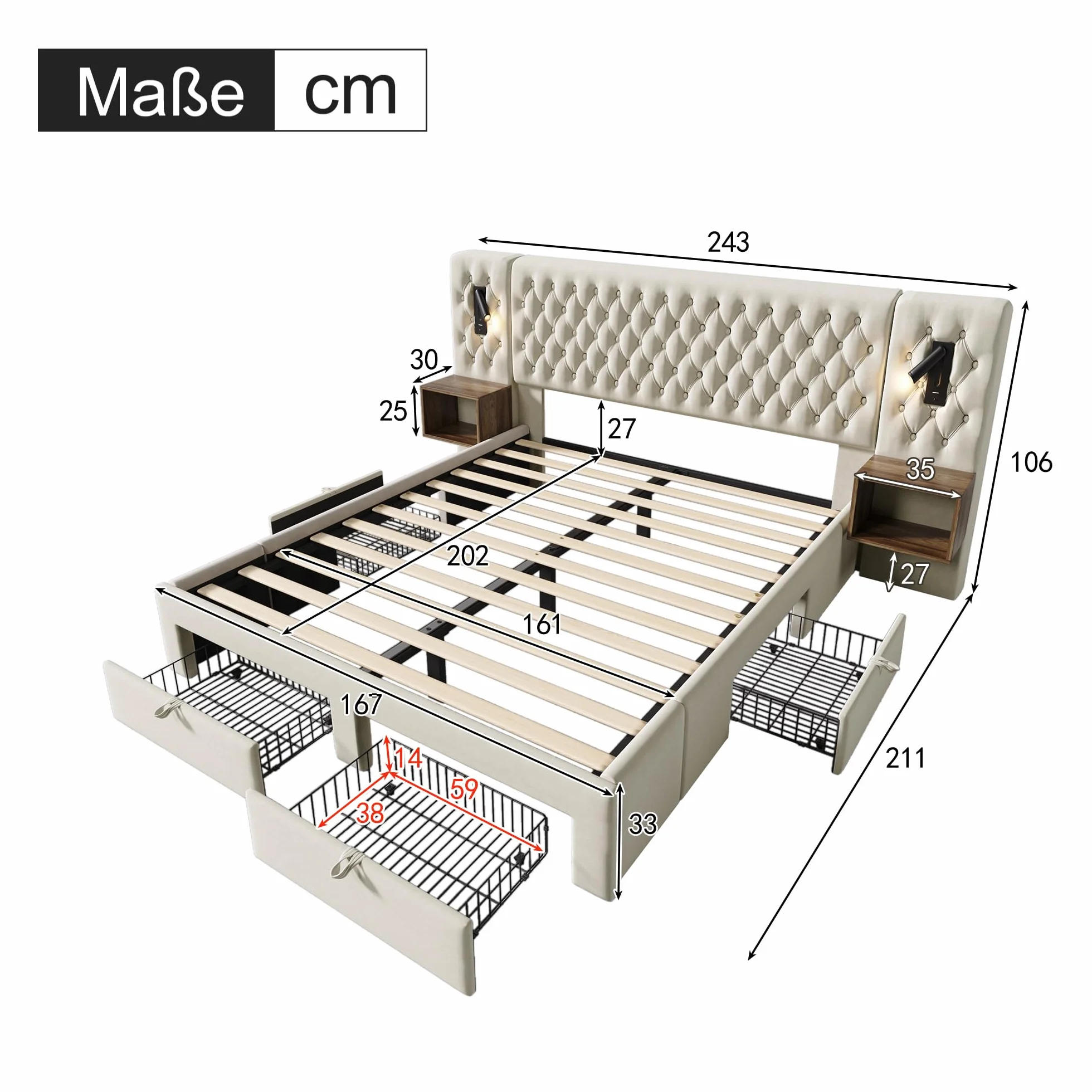 Idemon Set completo per camera da letto, letto matrimoniale, 160 x 200 cm, con 2 comodini e 4 cassetti, testiera con funzione di ricarica USB, 243 x 211 x 106 cm, velluto (senza materasso) (beige)