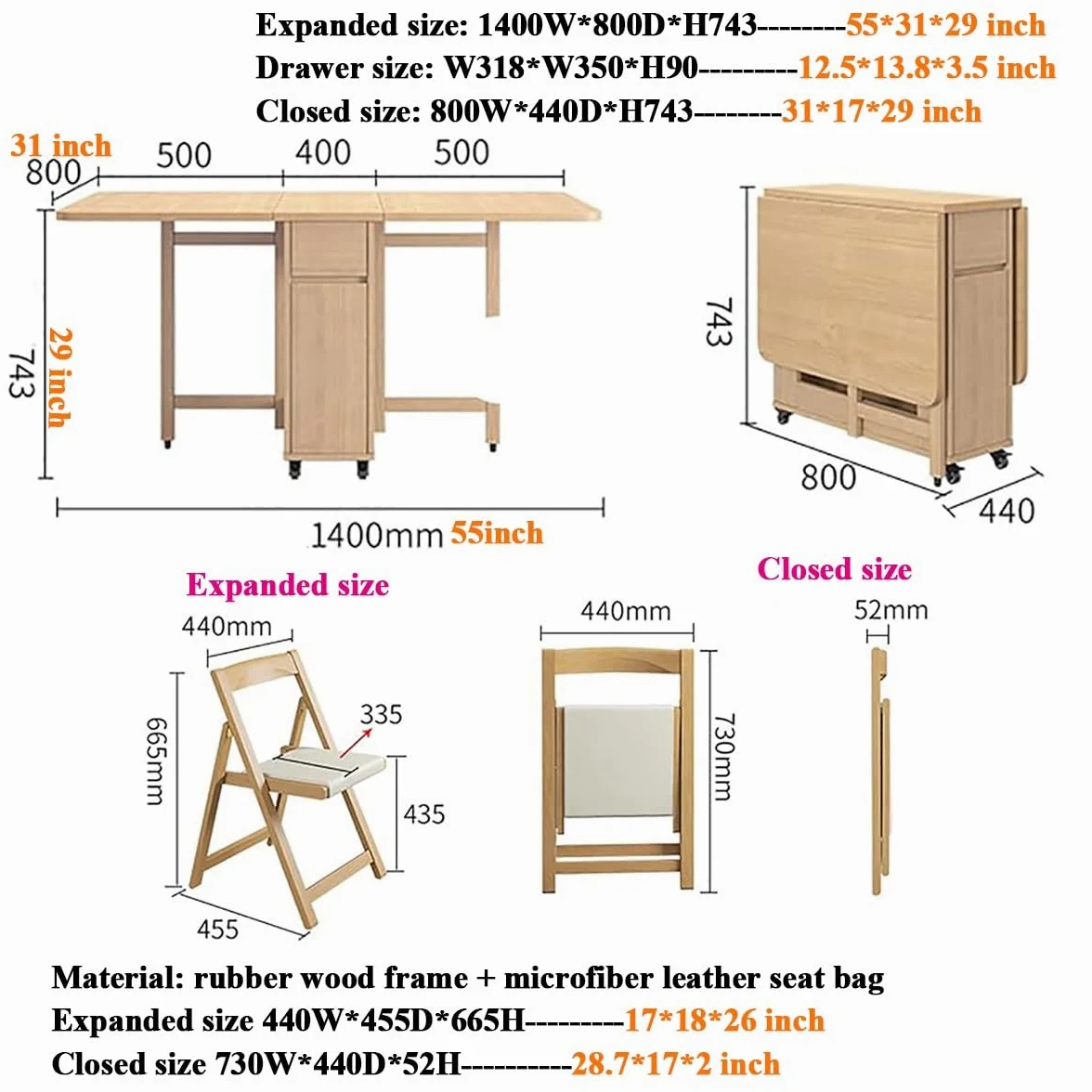 Tavolo Da Pranzo Pieghevole E Sedie, Tavolo Da Cucina In Legno Massello Retrattile For La Casa, Ristorante, Tavolo A Ribalta Con Cassetto Portaoggetti For Soggiorno, Ospitalità, Scrivania Portatile Es