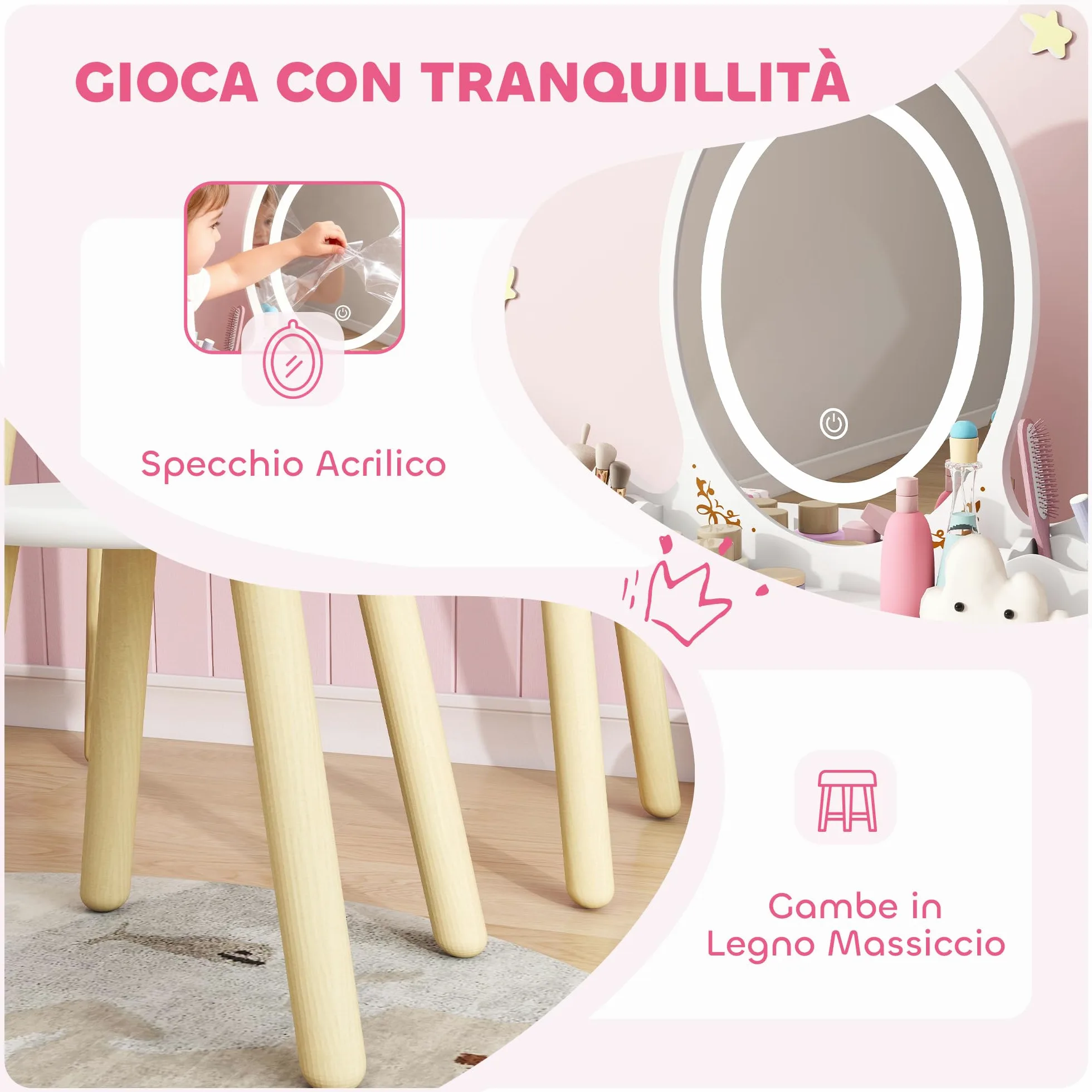 AIYAPLAY Set Toeletta 2 in 1 con Specchio Illuminato e Sgabello, Tavolo da Trucco con Luce LED a 3 Colori, 2 Cassetti e 2 Scatole in Legno, Tavolino per Bambini da 3+ Anni, Bianco
