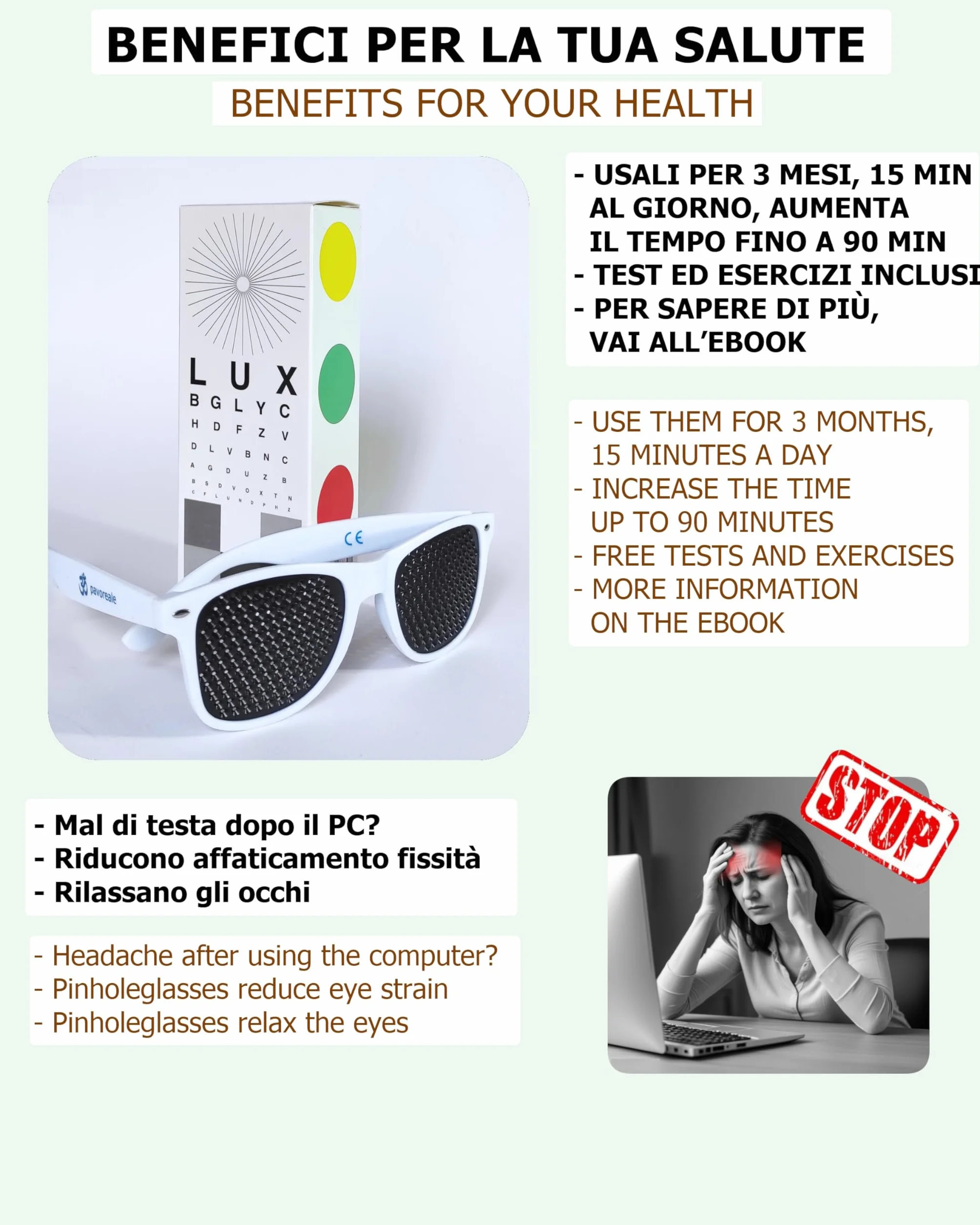 Occhiali stenopeici certificati white pinhole glasses con EBOOK GRATS Bates