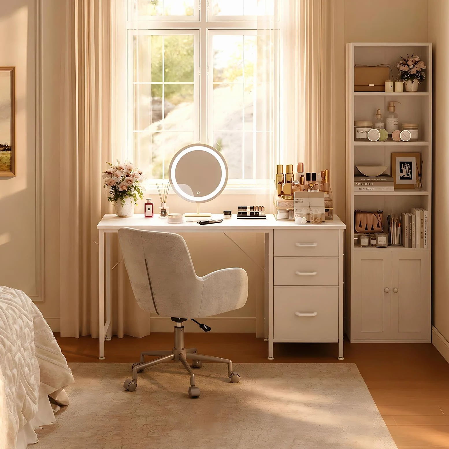 Coleshome Set Mobili Ufficio, Scrivania 120x48cm con 3 Cassetti e Portacuffie & Libreria a 6 Ripiani con Ante 176cm, Set Scrivania e Scaffale Salvaspazio per Casa e Studio, Bianco
